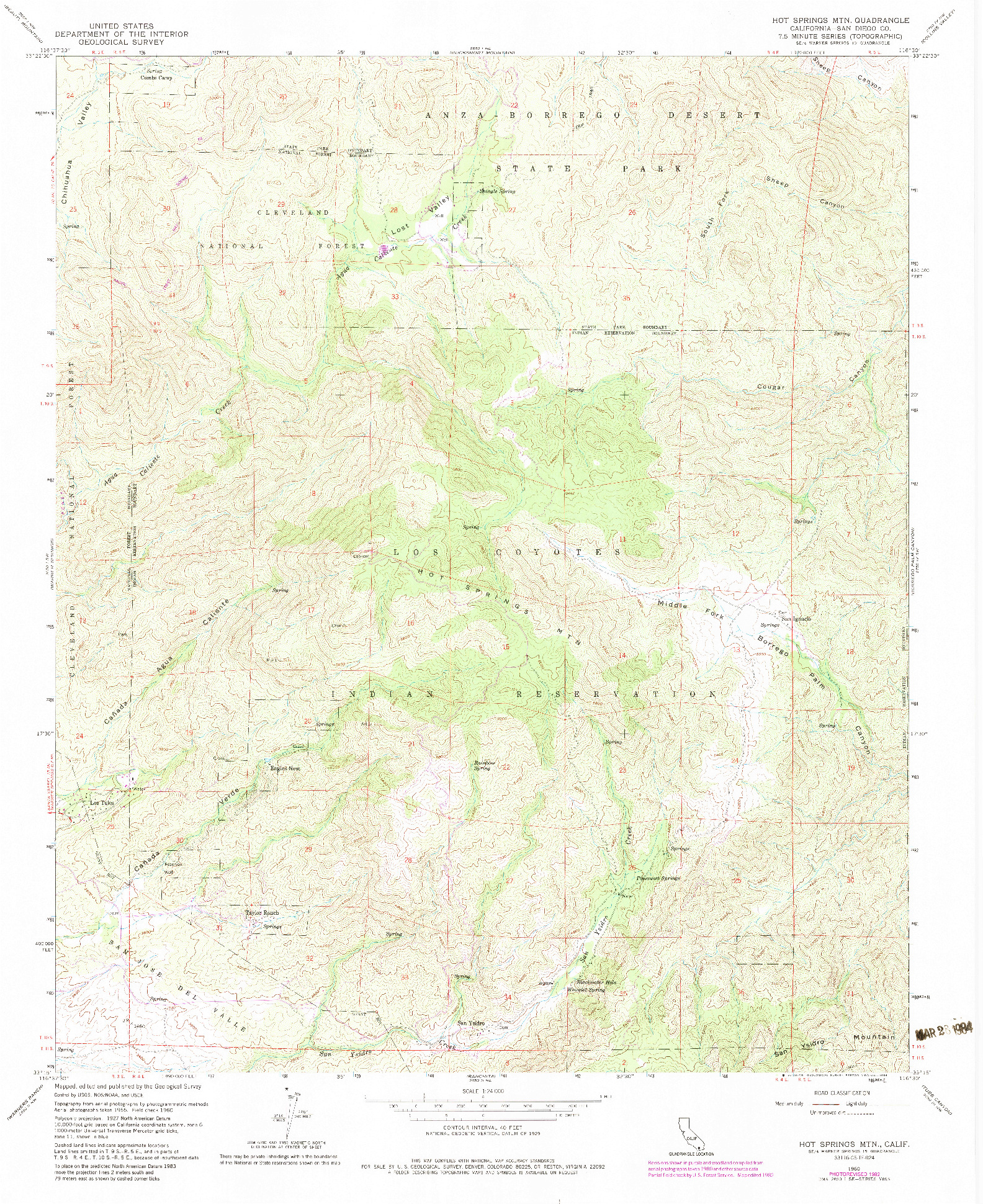 USGS 1:24000-SCALE QUADRANGLE FOR HOT SPRINGS MTN., CA 1960