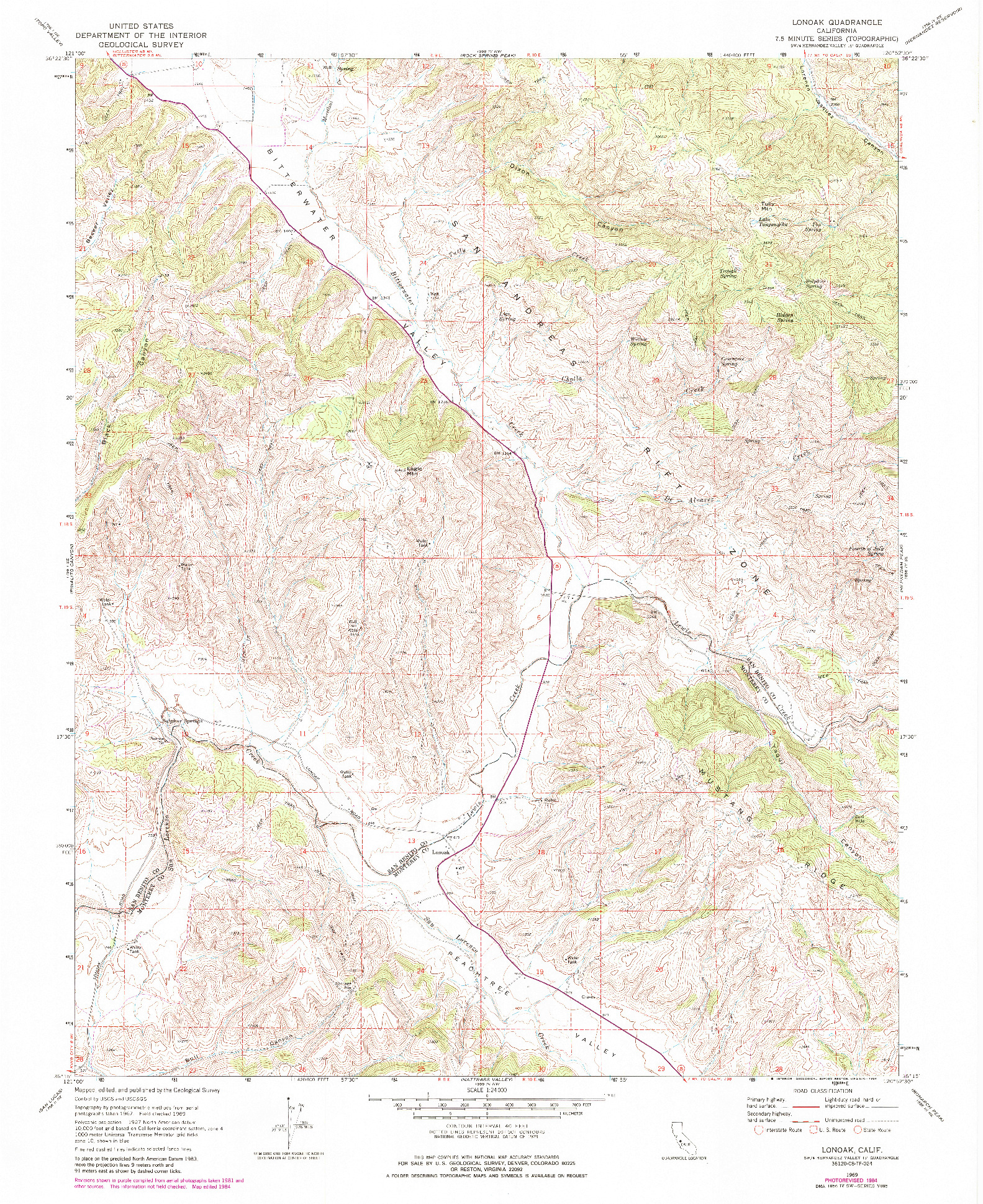 USGS 1:24000-SCALE QUADRANGLE FOR LONOAK, CA 1969