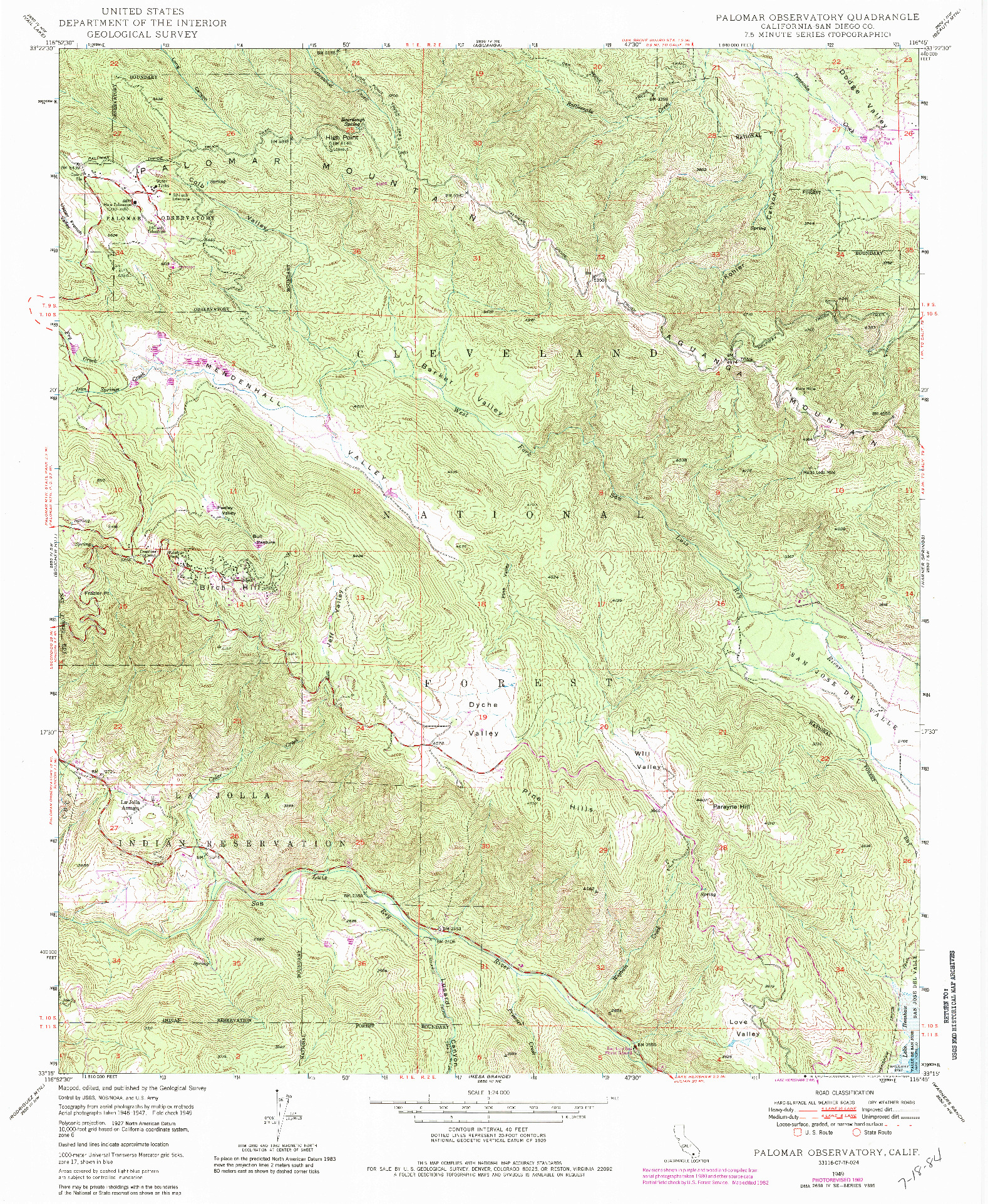 USGS 1:24000-SCALE QUADRANGLE FOR PALOMAR OBSERVATORY, CA 1949