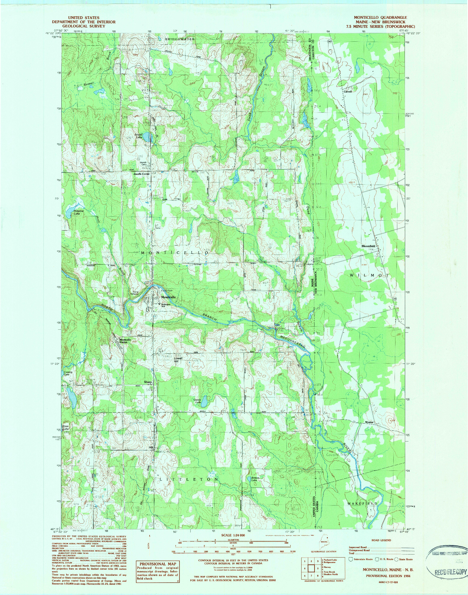 USGS 1:24000-SCALE QUADRANGLE FOR MONTICELLO, ME 1984