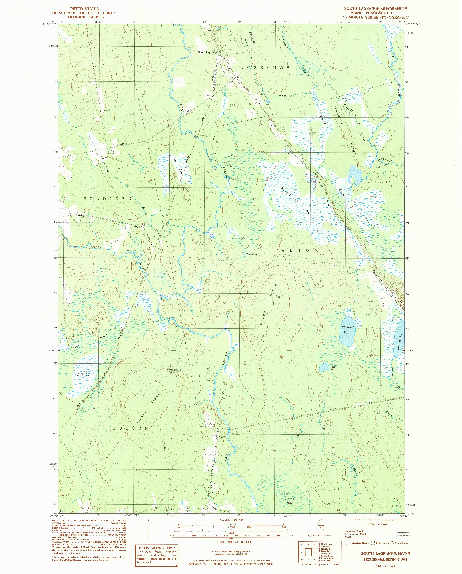 USGS 1:24000-SCALE QUADRANGLE FOR SOUTH LAGRANGE, ME 1983