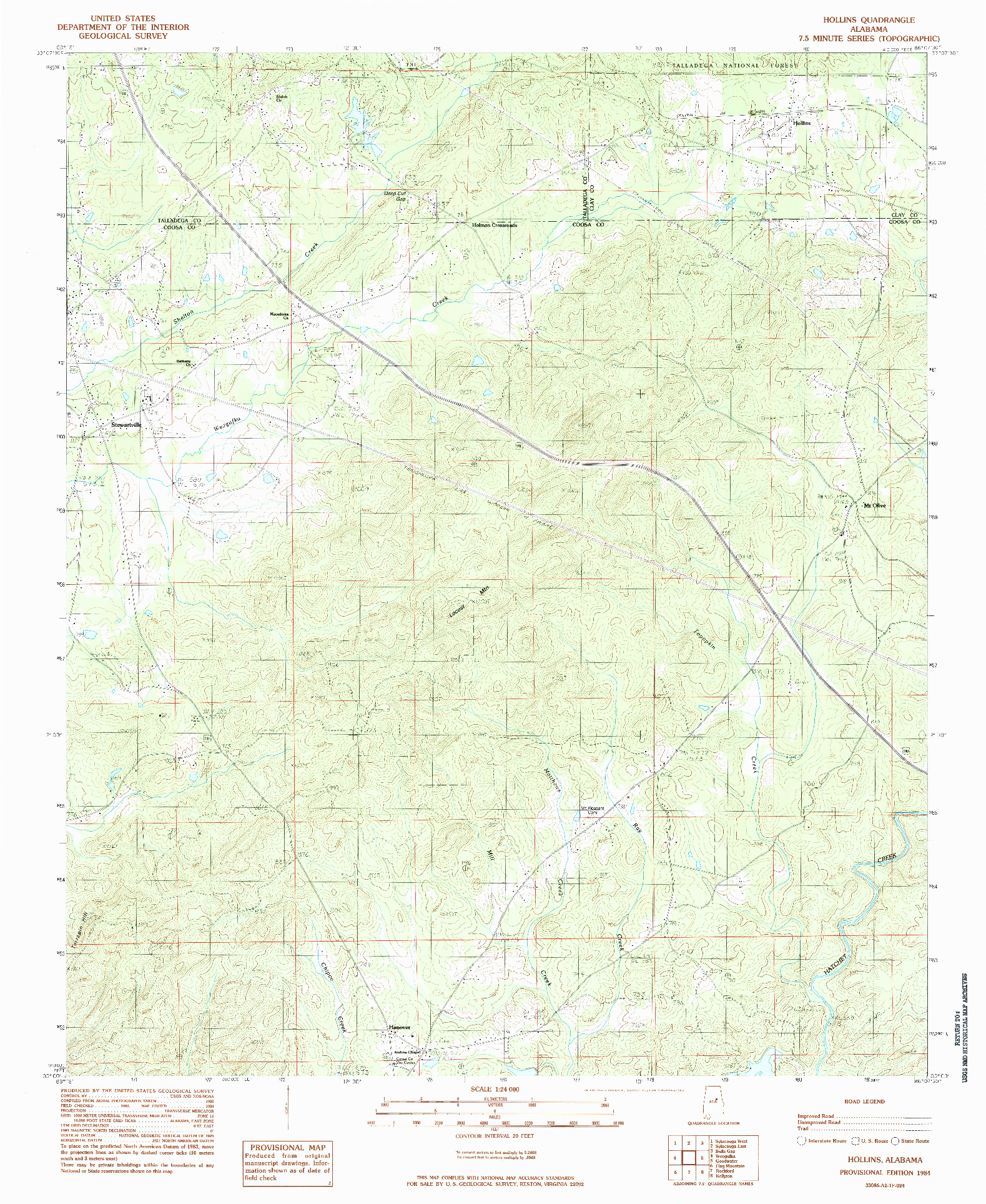 USGS 1:24000-SCALE QUADRANGLE FOR HOLLINS, AL 1984