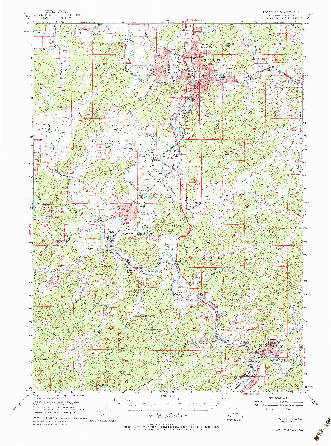 USGS 1:62500-SCALE QUADRANGLE FOR ROSEBURG, OR 1955