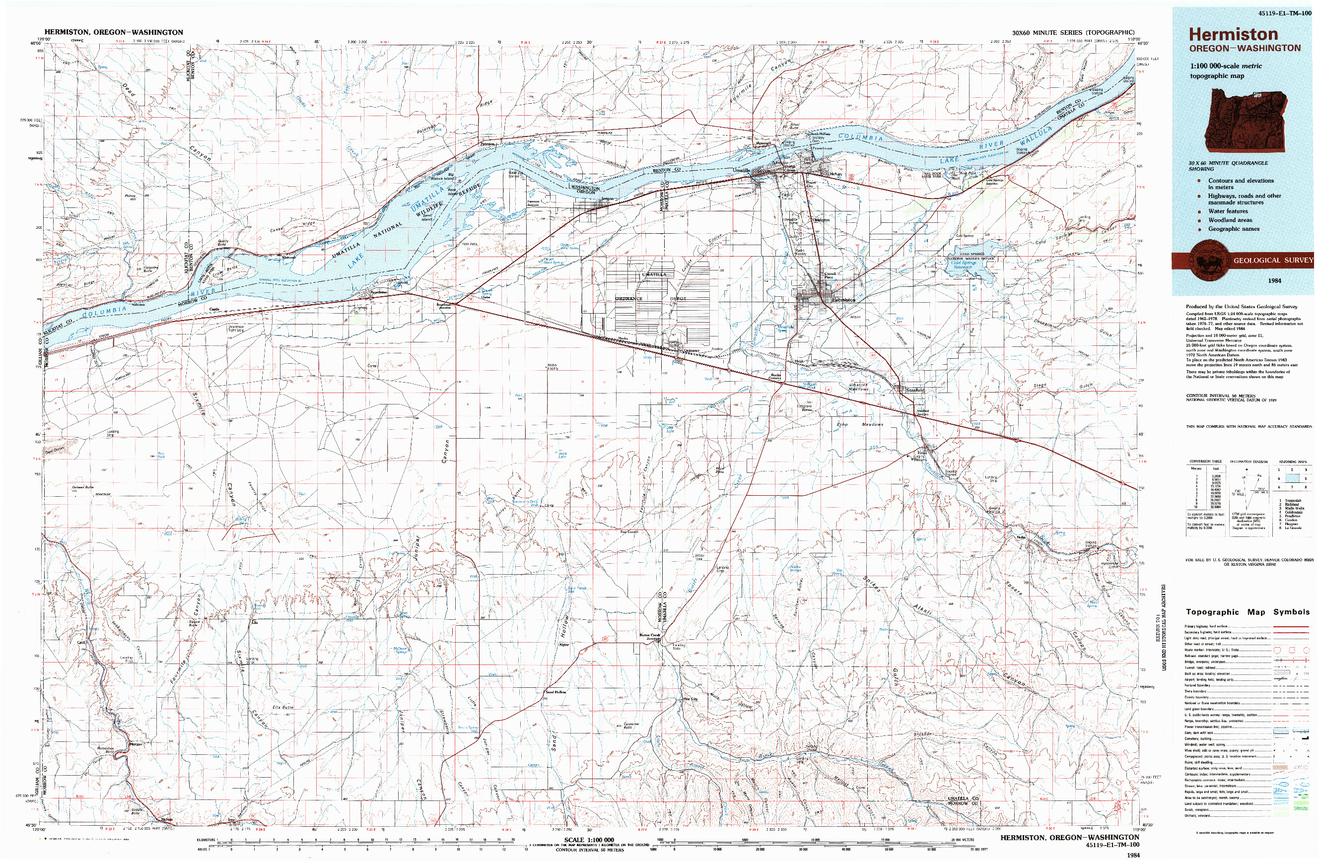 USGS 1:100000-SCALE QUADRANGLE FOR HERMISTON, OR 1984