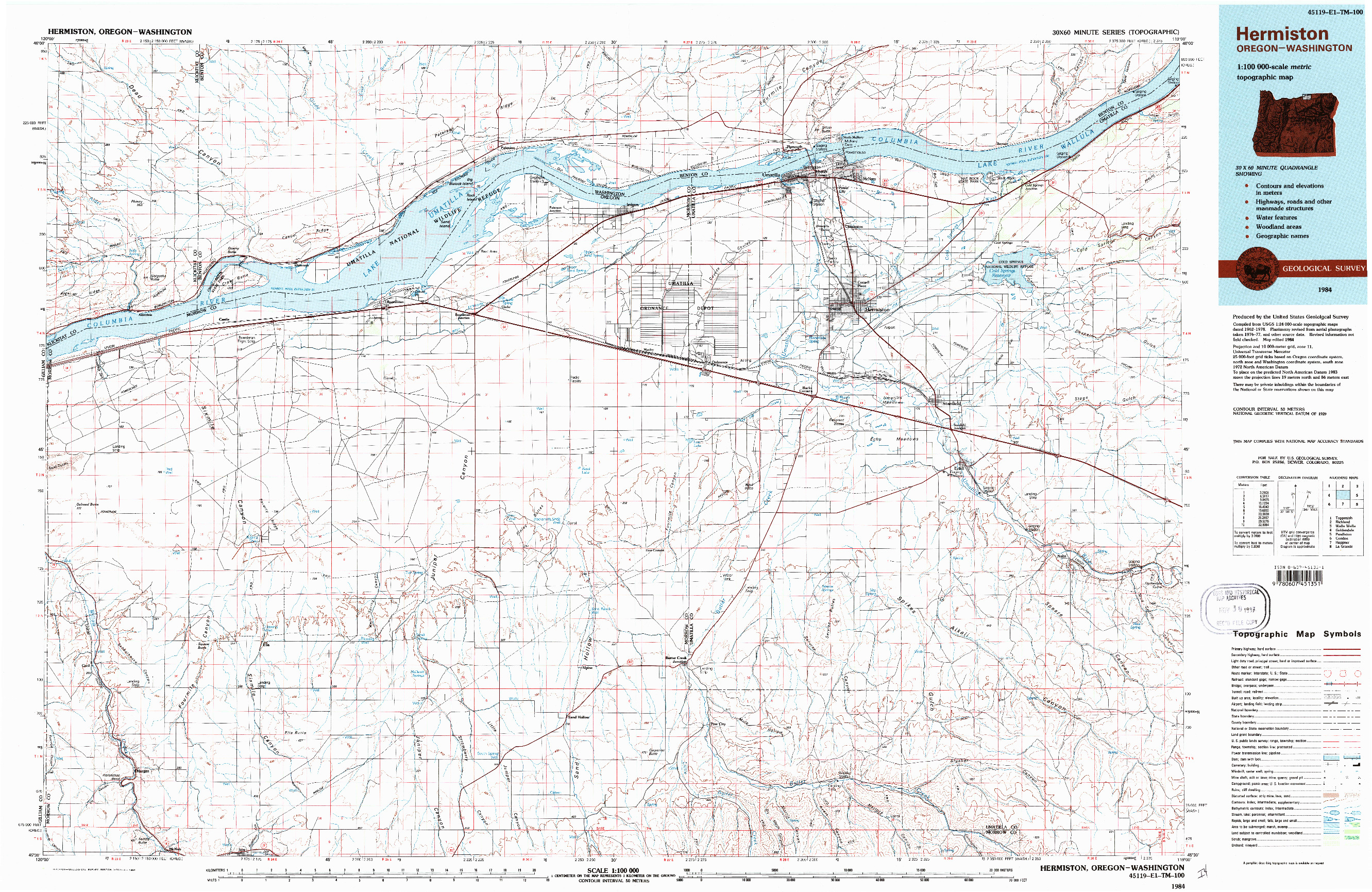 USGS 1:100000-SCALE QUADRANGLE FOR HERMISTON, OR 1984