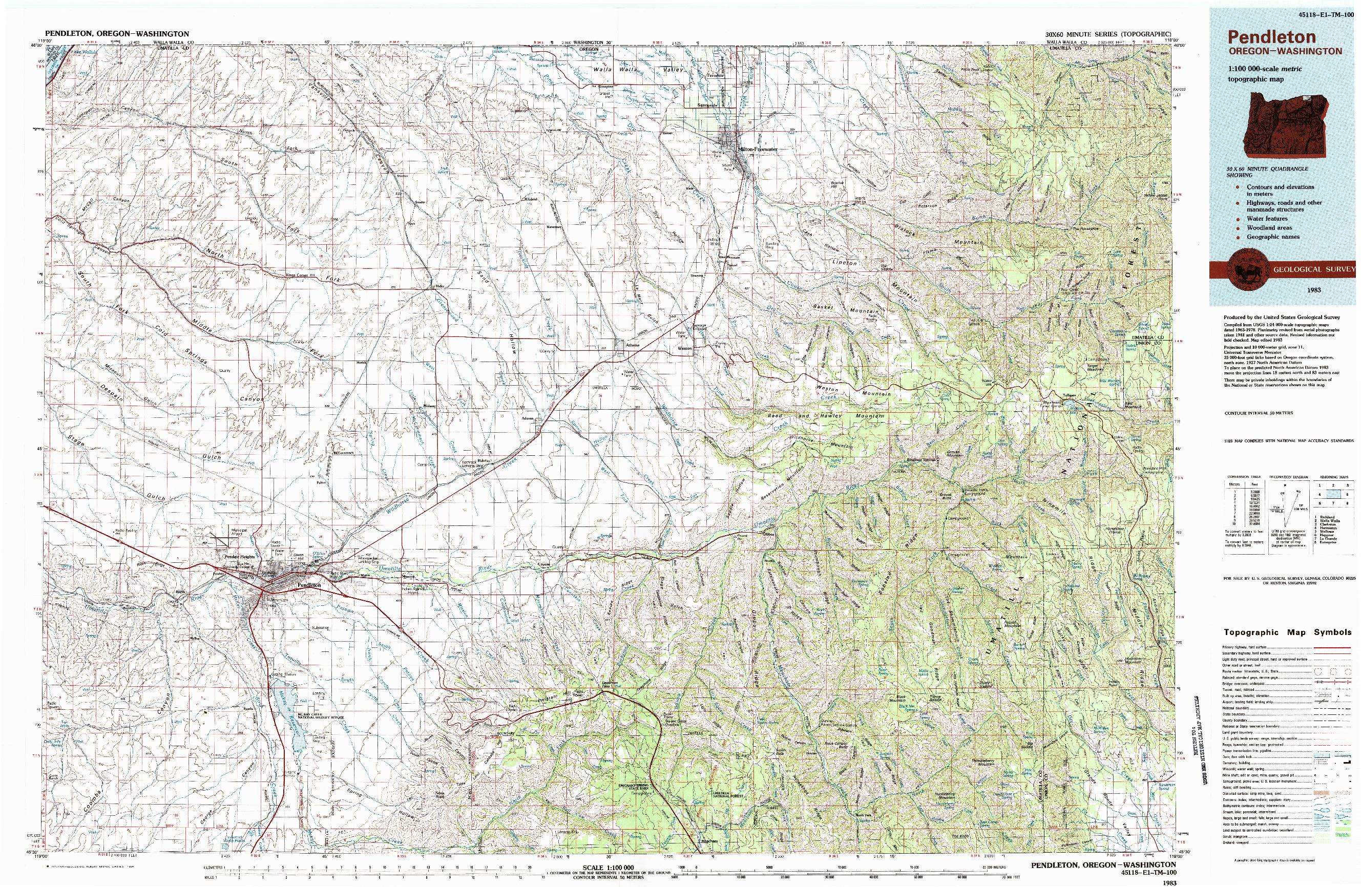 USGS 1:100000-SCALE QUADRANGLE FOR PENDLETON, OR 1983