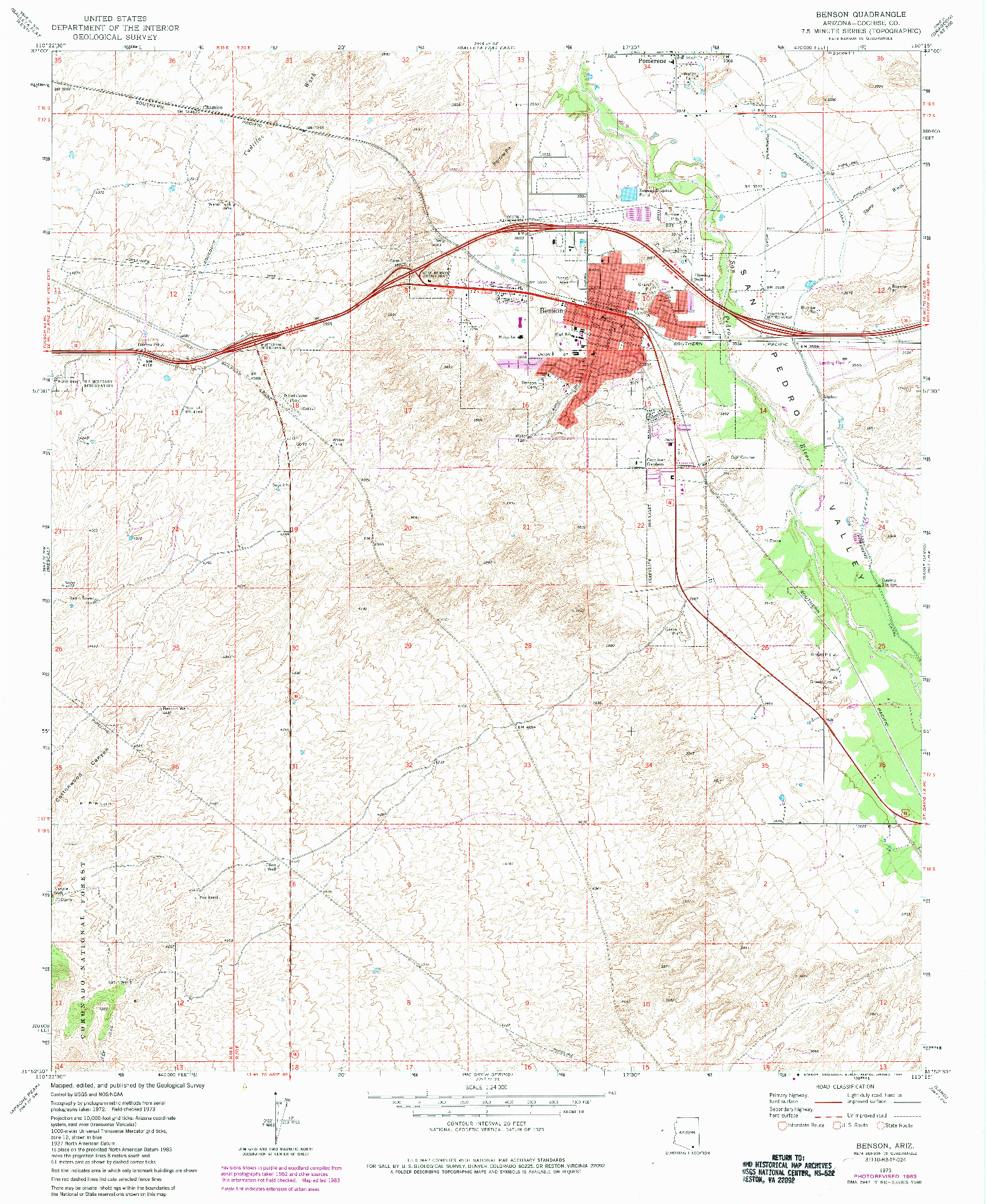 USGS 1:24000-SCALE QUADRANGLE FOR BENSON, AZ 1973