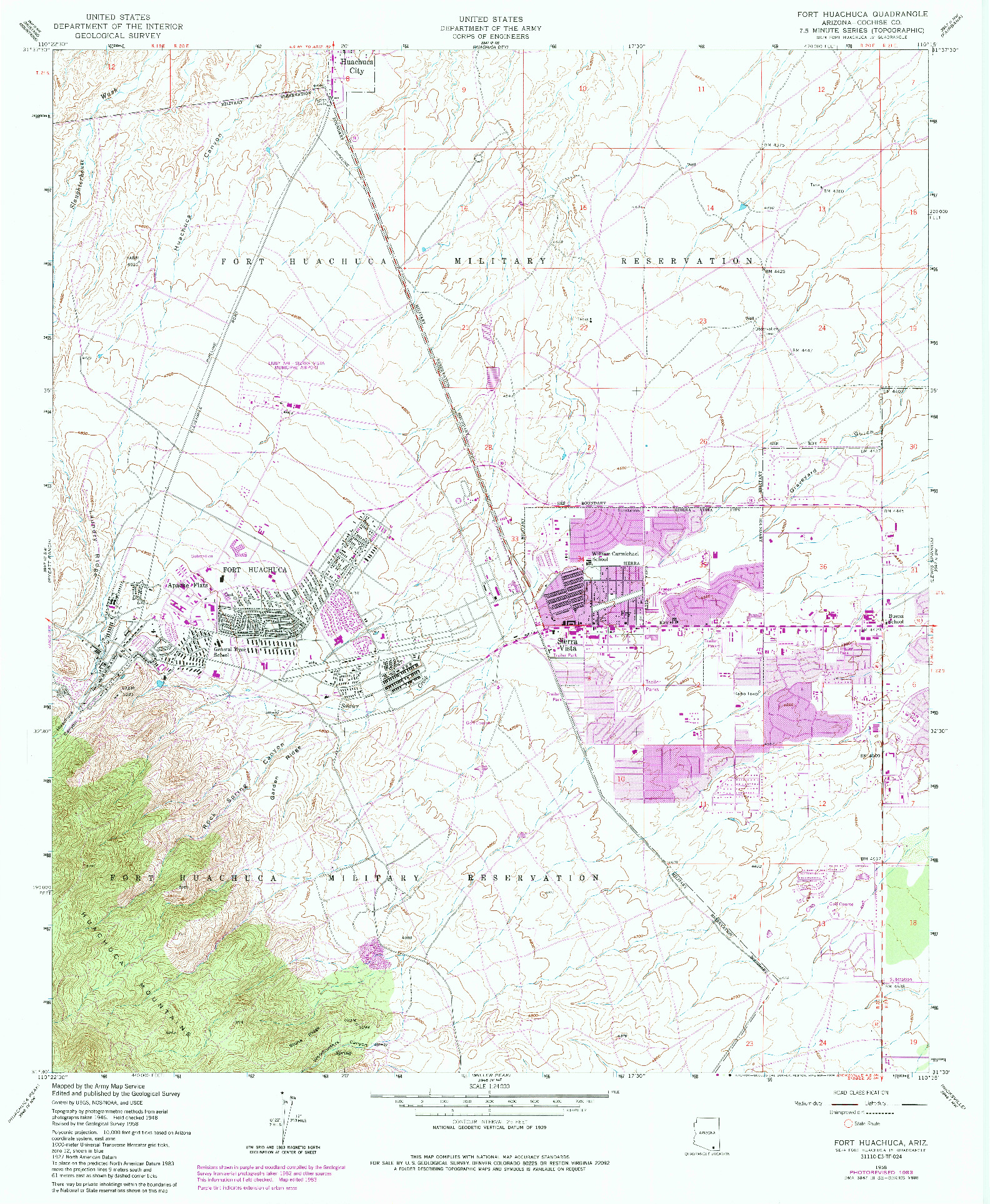 USGS 1:24000-SCALE QUADRANGLE FOR FORT HUACHUCA, AZ 1958