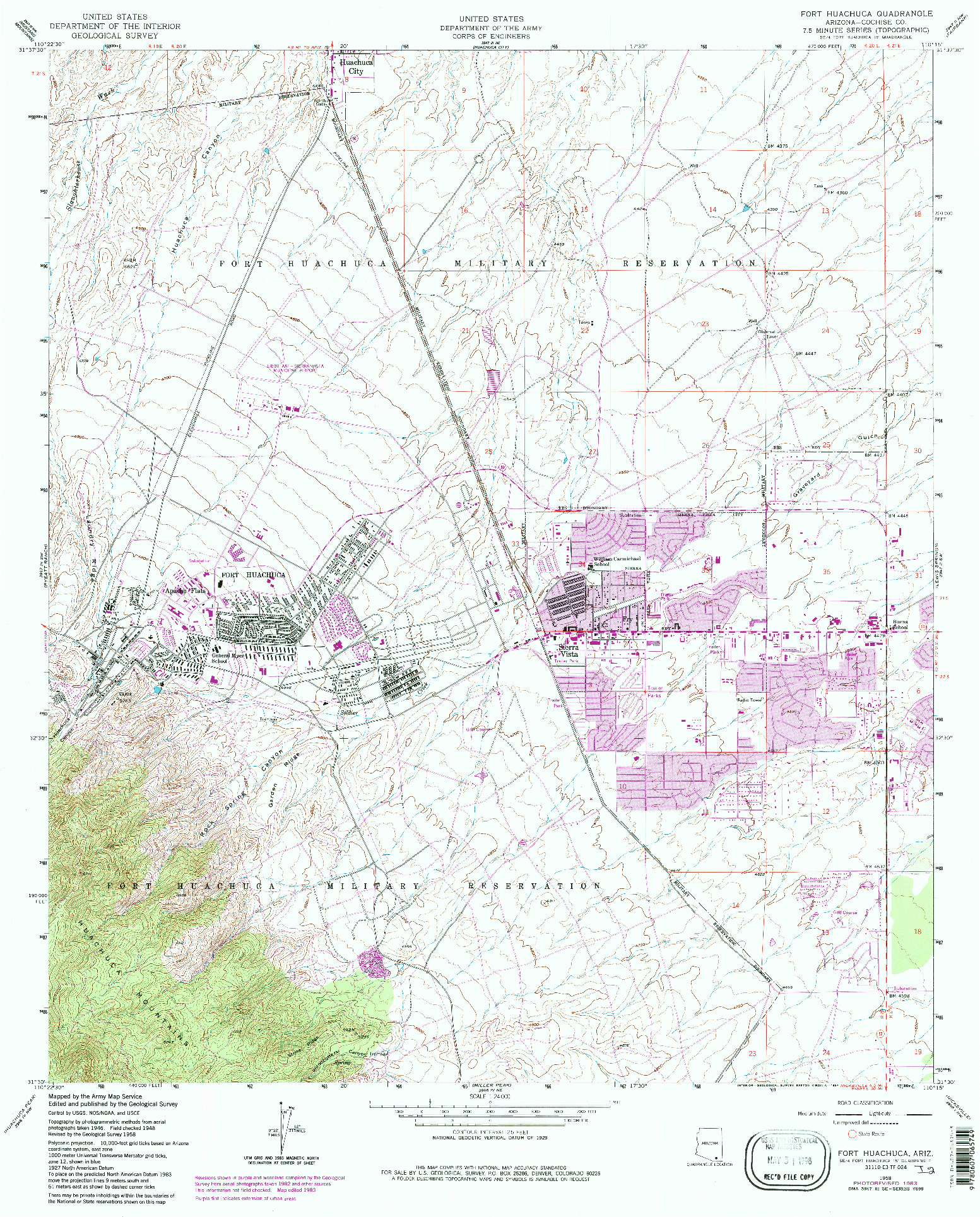 USGS 1:24000-SCALE QUADRANGLE FOR FORT HUACHUCA, AZ 1958
