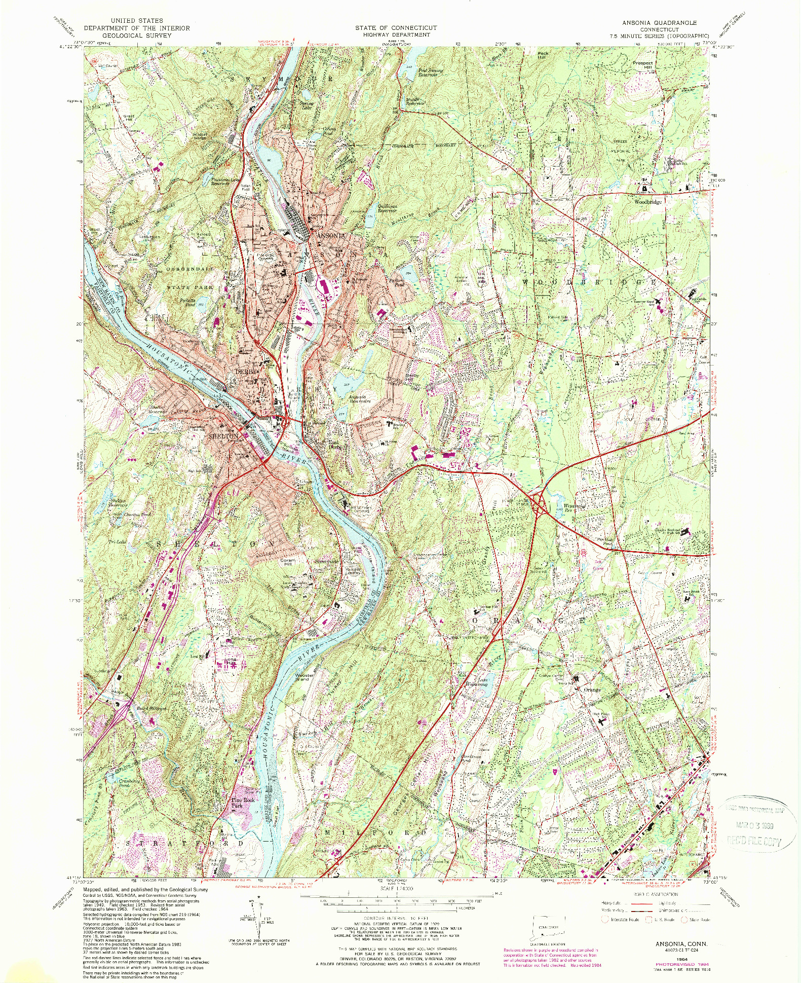 USGS 1:24000-SCALE QUADRANGLE FOR ANSONIA, CT 1964