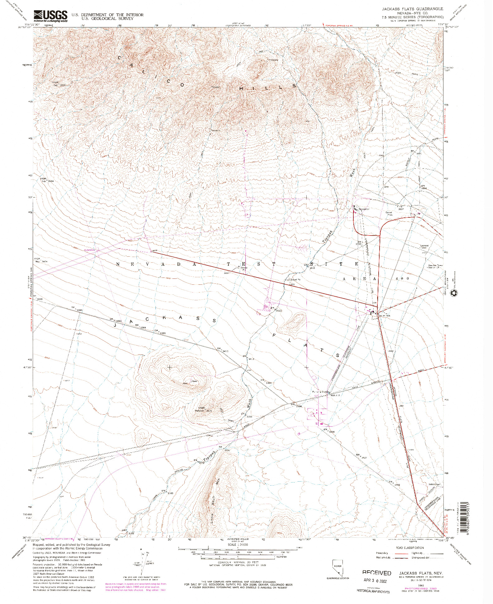 USGS 1:24000-SCALE QUADRANGLE FOR JACKASS FLATS, NV 1961