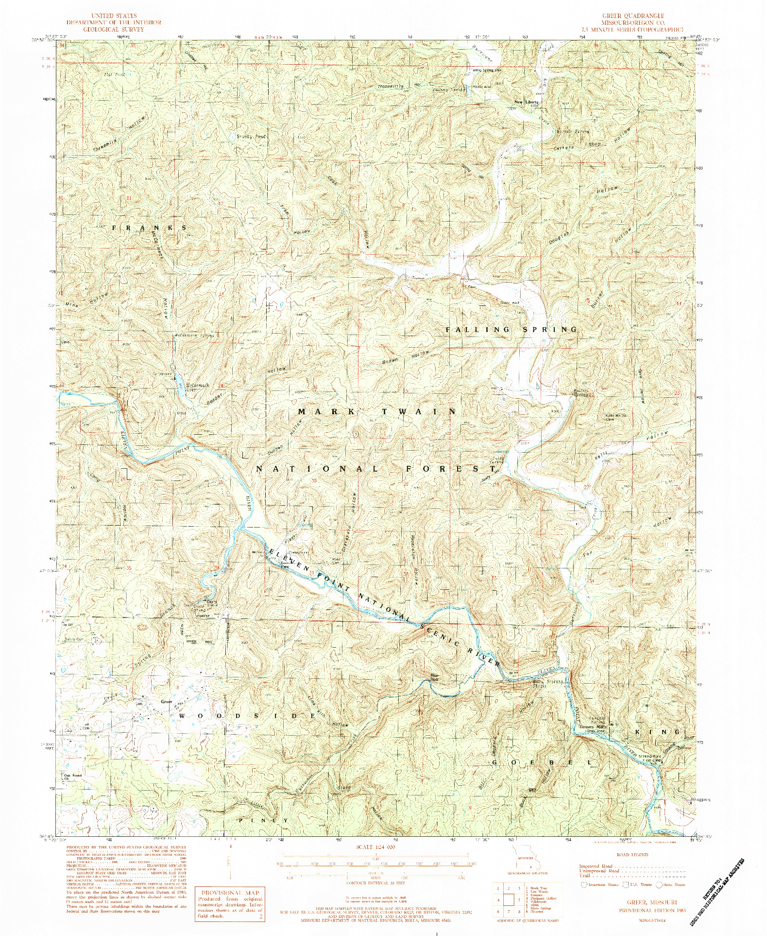 USGS 1:24000-SCALE QUADRANGLE FOR GREER, MO 1983
