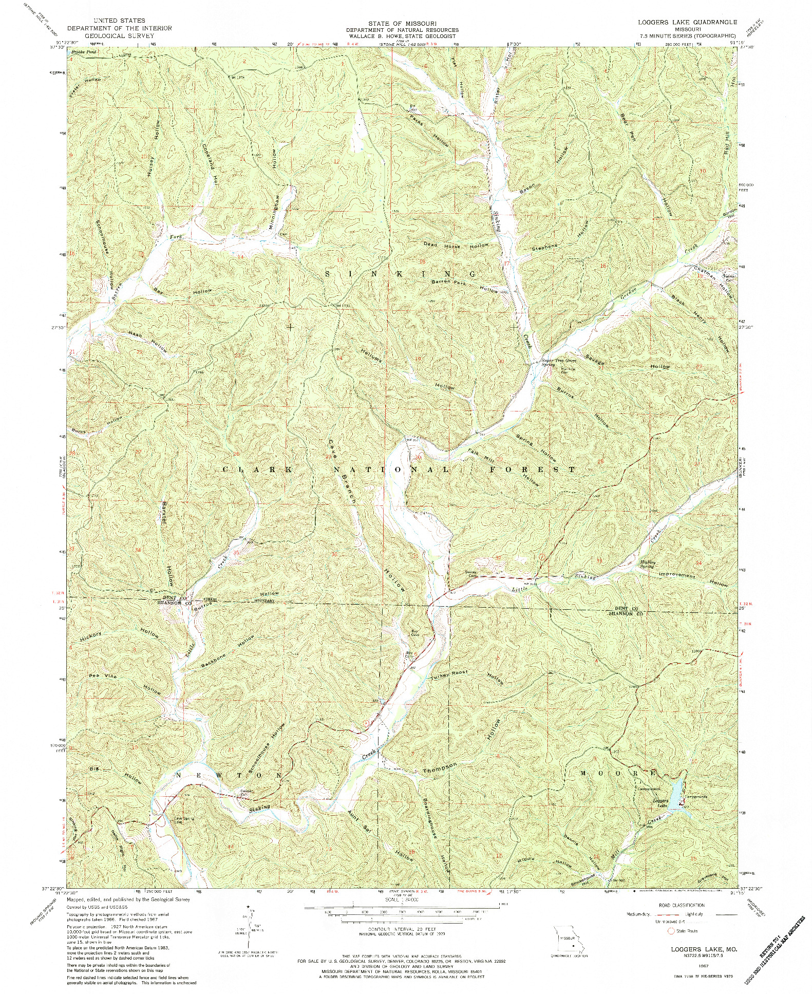 USGS 1:24000-SCALE QUADRANGLE FOR LOGGERS LAKE, MO 1967