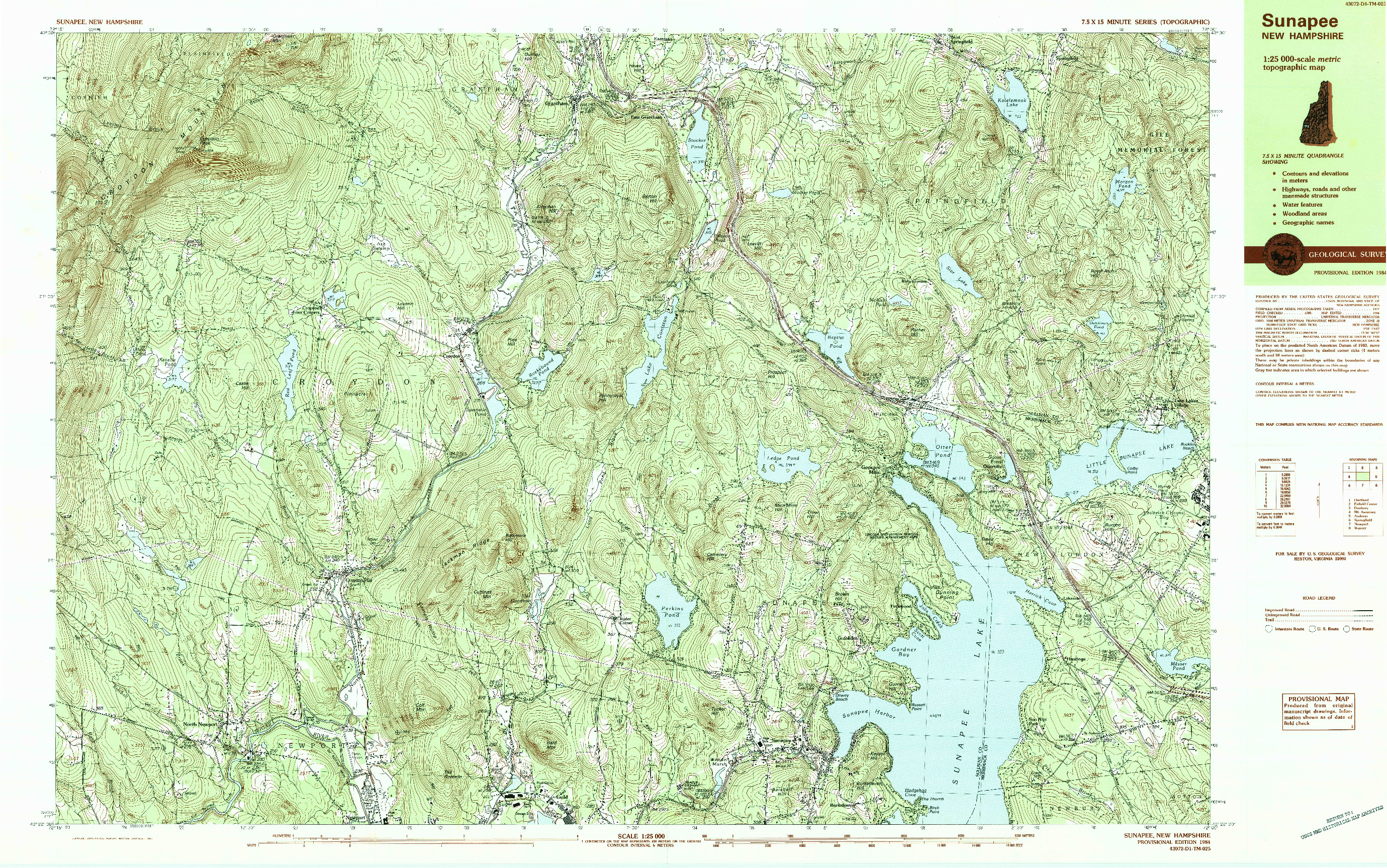 USGS 1:25000-SCALE QUADRANGLE FOR SUNAPEE, NH 1984