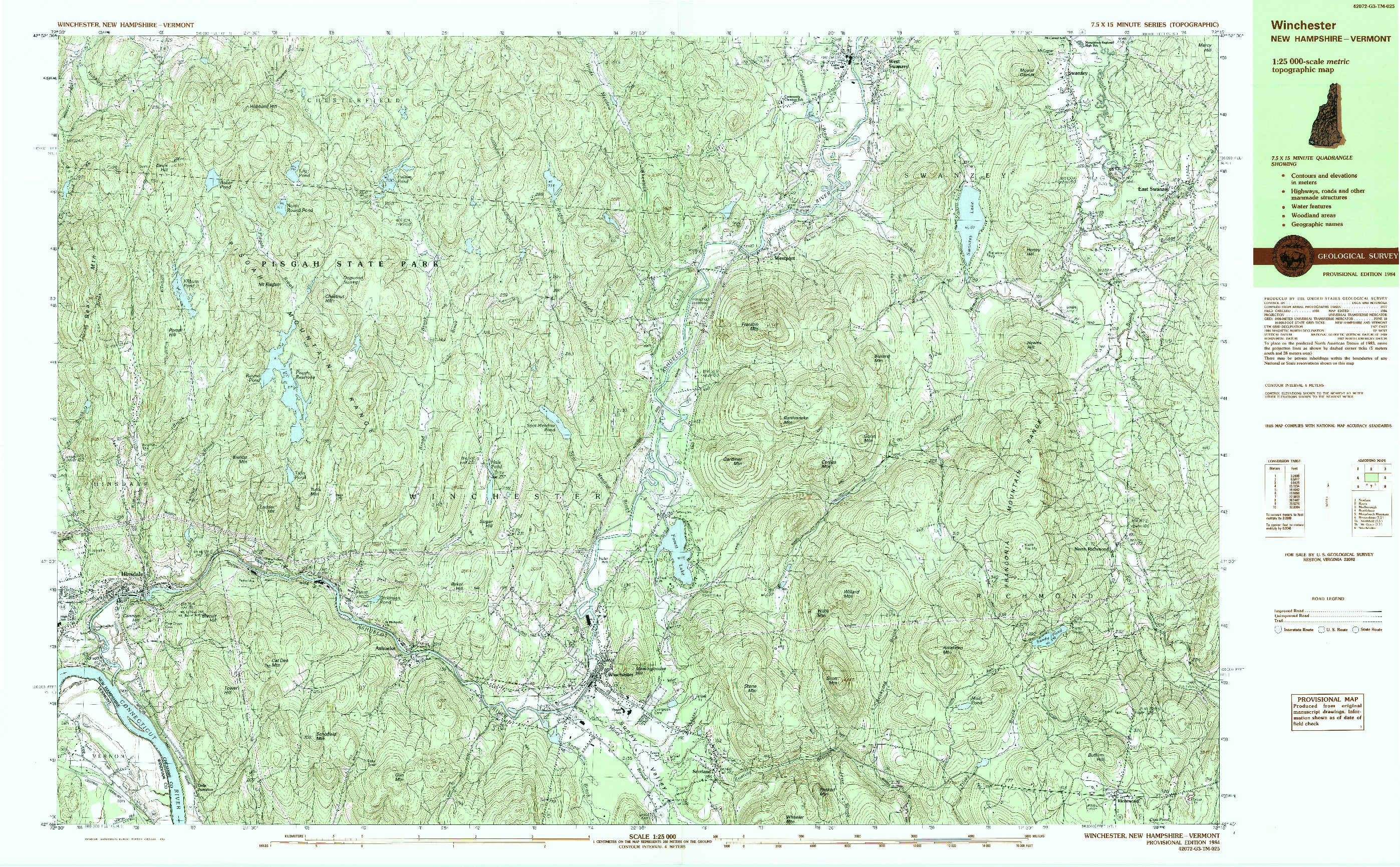 USGS 1:25000-SCALE QUADRANGLE FOR WINCHESTER, NH 1984