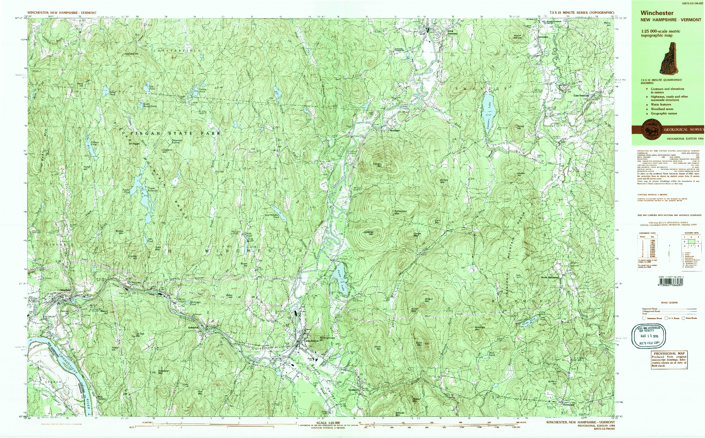 USGS 1:25000-SCALE QUADRANGLE FOR WINCHESTER, NH 1984