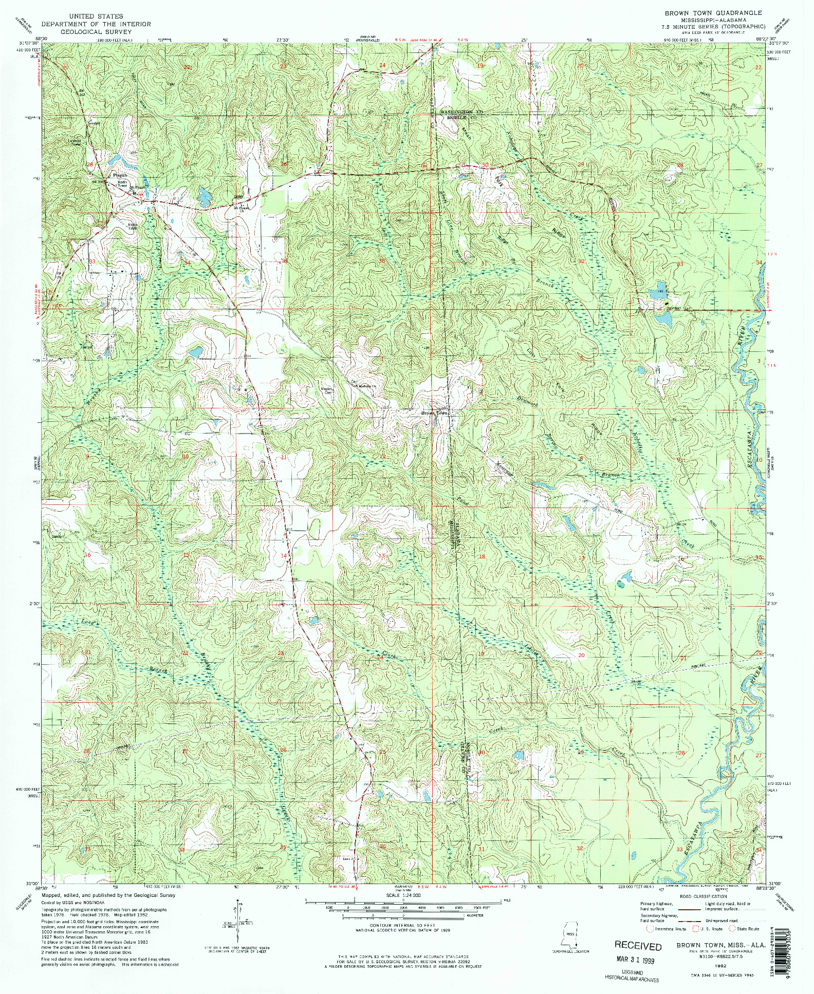 USGS 1:24000-SCALE QUADRANGLE FOR BROWN TOWN, MS 1982