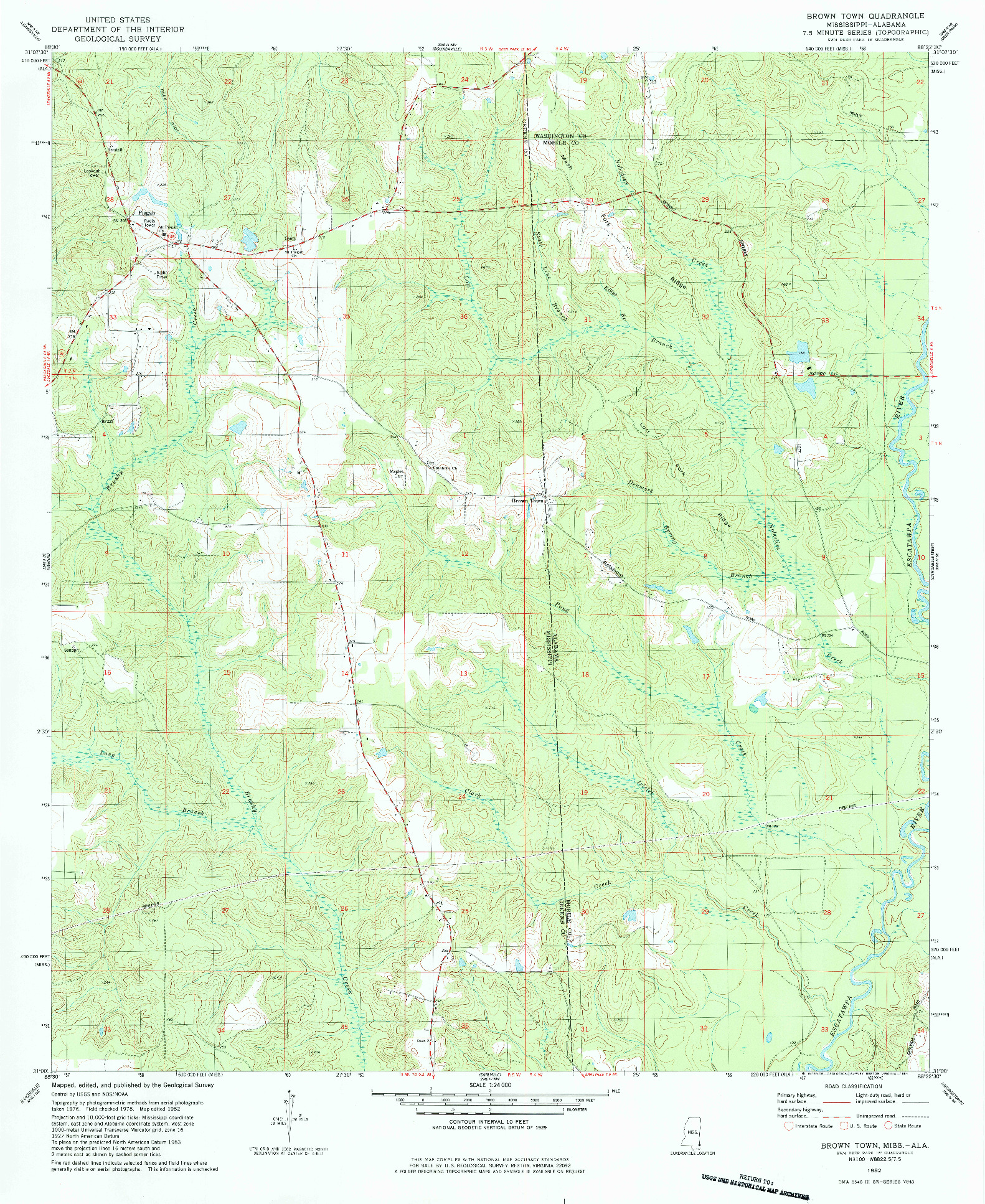 USGS 1:24000-SCALE QUADRANGLE FOR BROWN TOWN, MS 1982