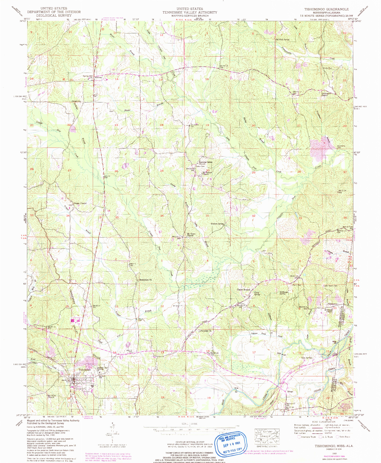 USGS 1:24000-SCALE QUADRANGLE FOR TISHOMINGO, MS 1950