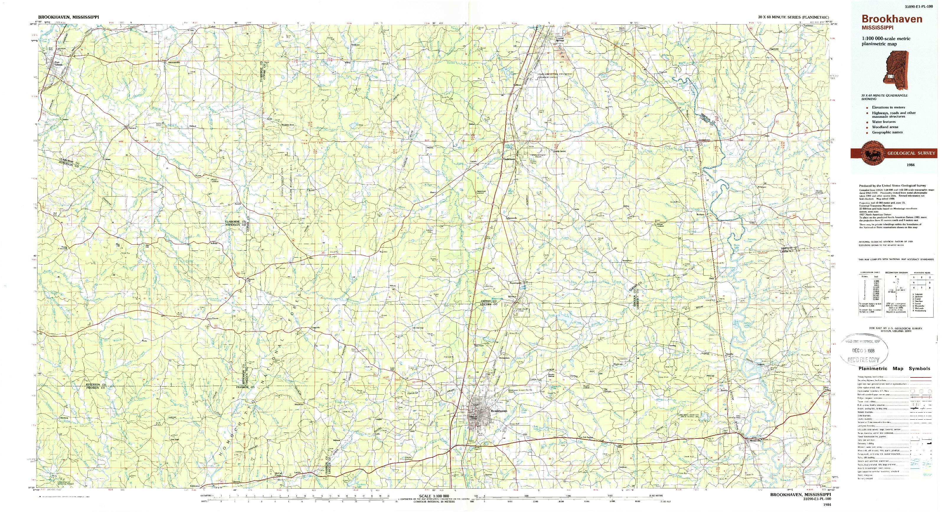 USGS 1:100000-SCALE QUADRANGLE FOR BROOKHAVEN, MS 1984