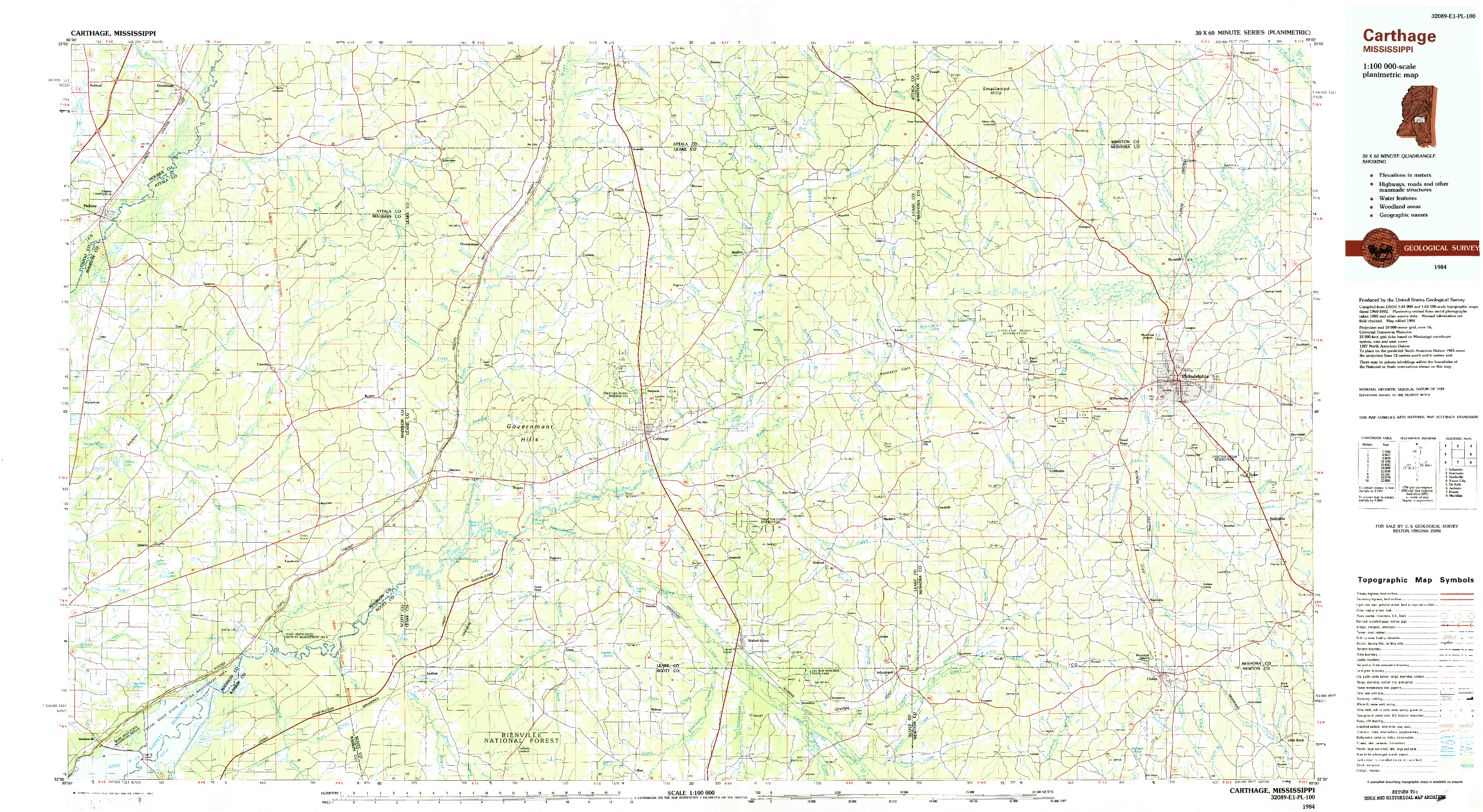 USGS 1:100000-SCALE QUADRANGLE FOR CARTHAGE, MS 1984