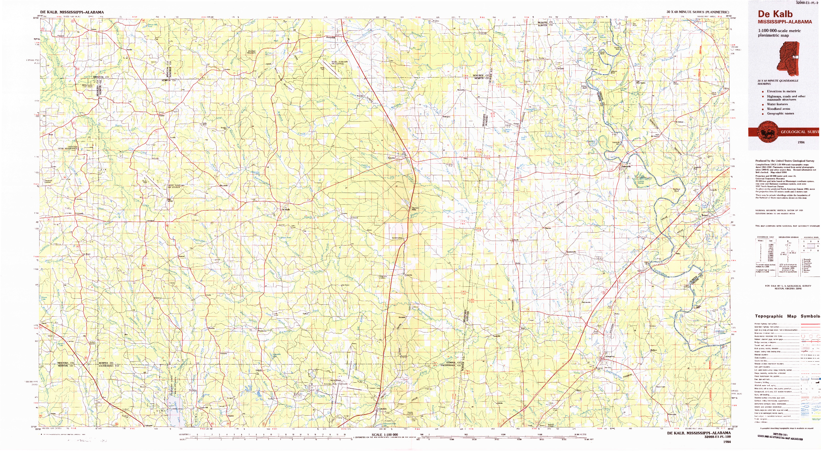USGS 1:100000-SCALE QUADRANGLE FOR DE KALB, MS 1984