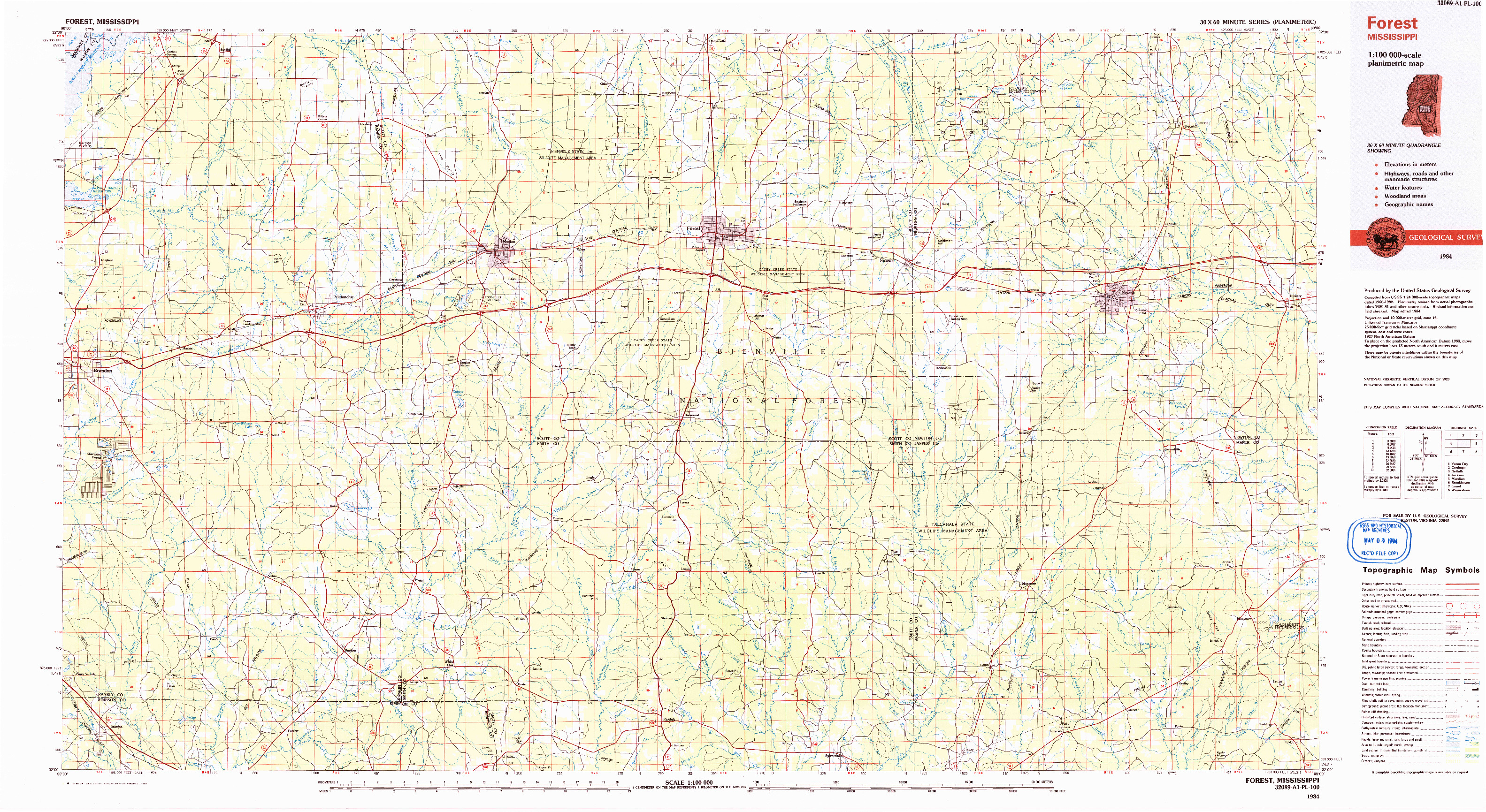 USGS 1:100000-SCALE QUADRANGLE FOR FOREST, MS 1984