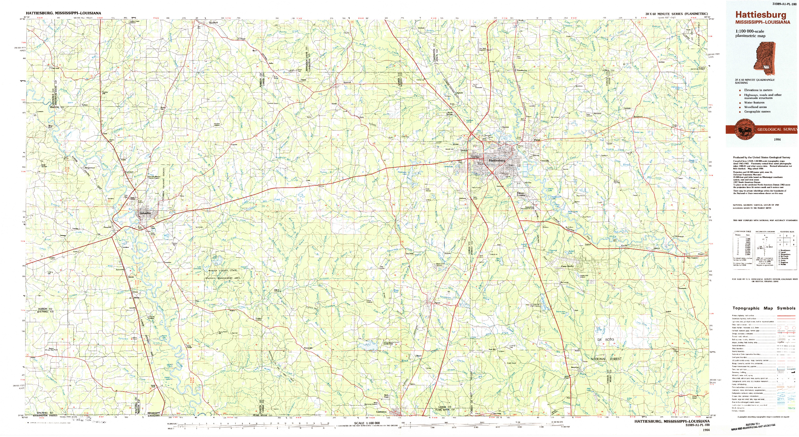 USGS 1:100000-SCALE QUADRANGLE FOR HATTIESBURG, MS 1984