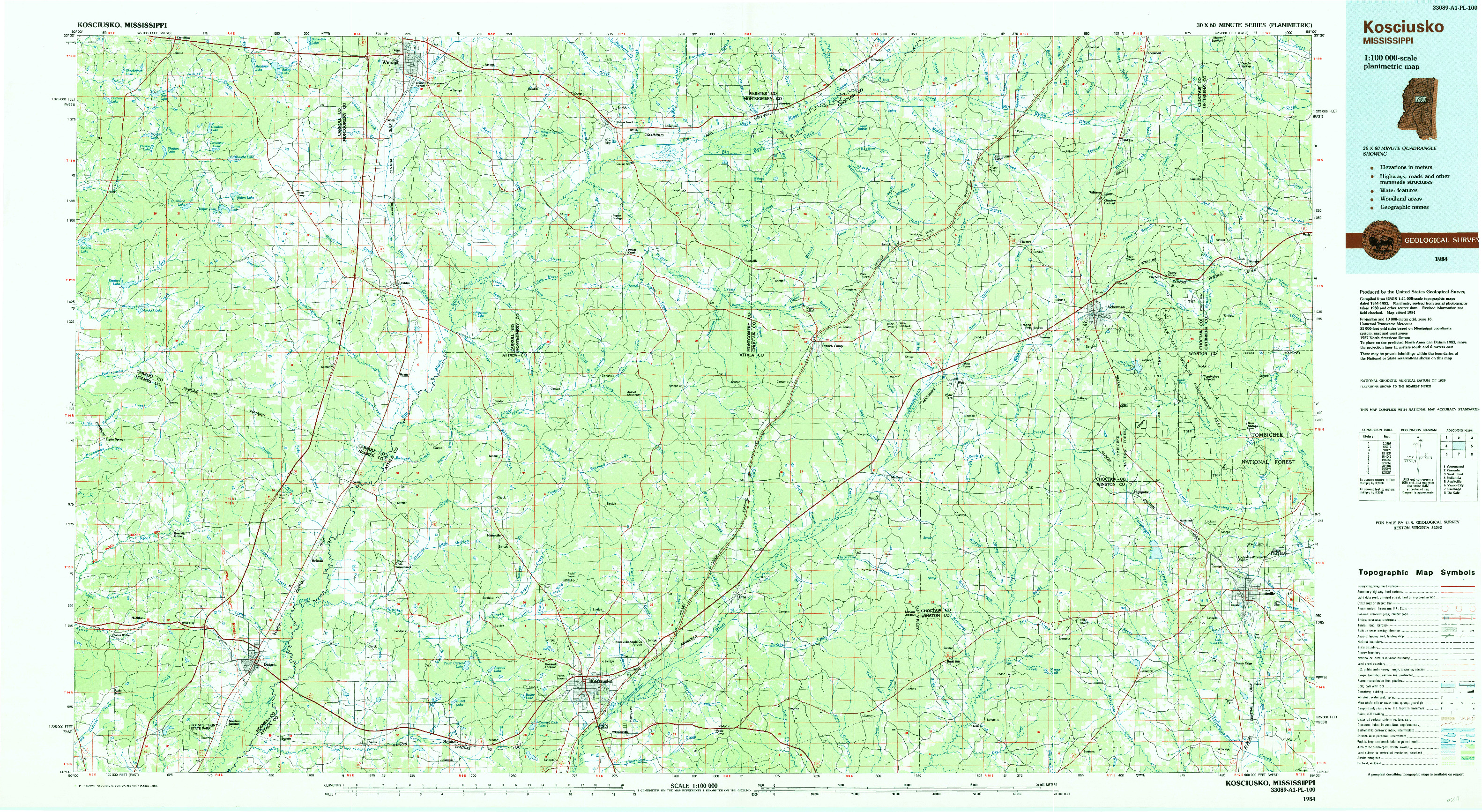 USGS 1:100000-SCALE QUADRANGLE FOR KOSCIUSKO, MS 1984