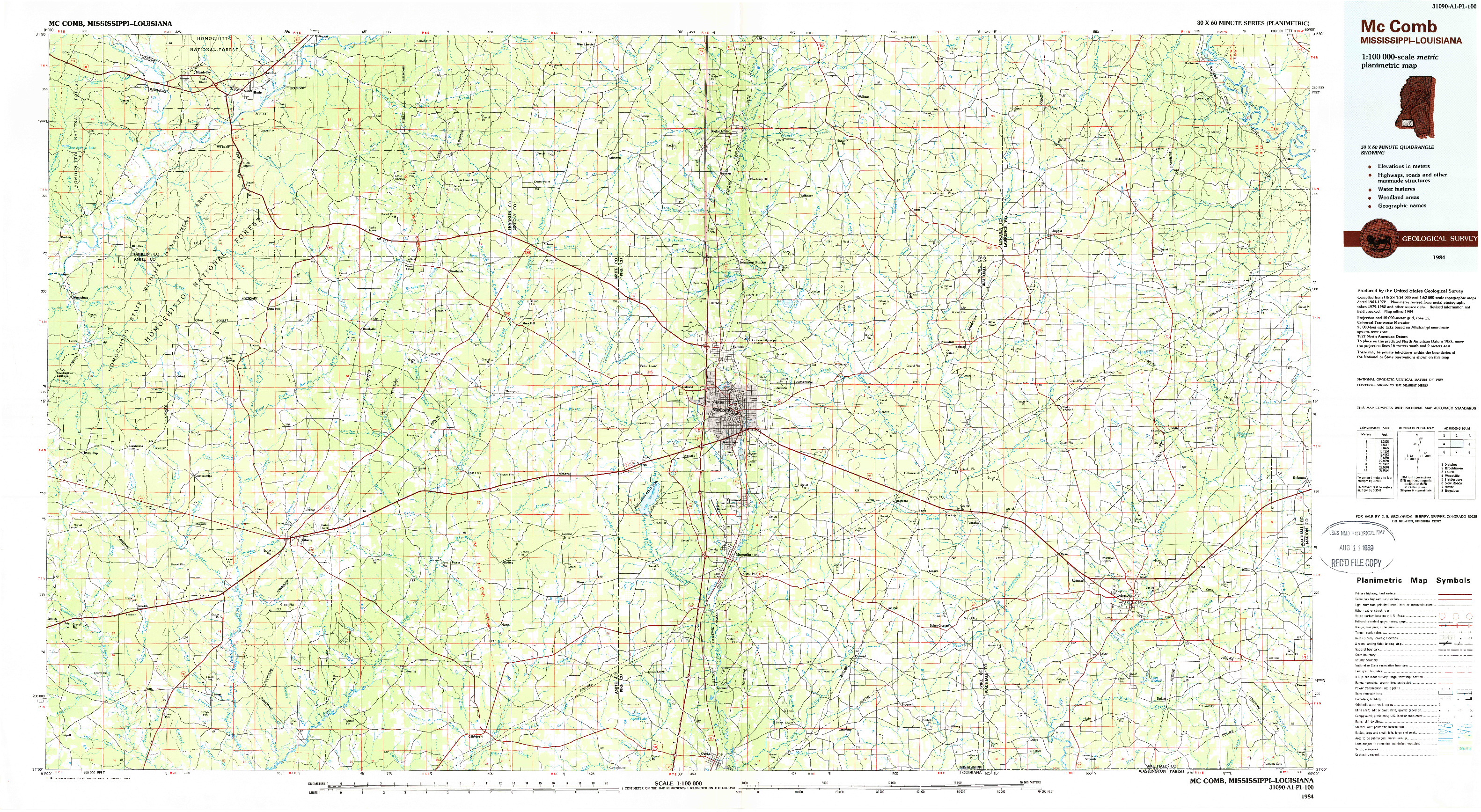 USGS 1:100000-SCALE QUADRANGLE FOR MCCOMB, MS 1984