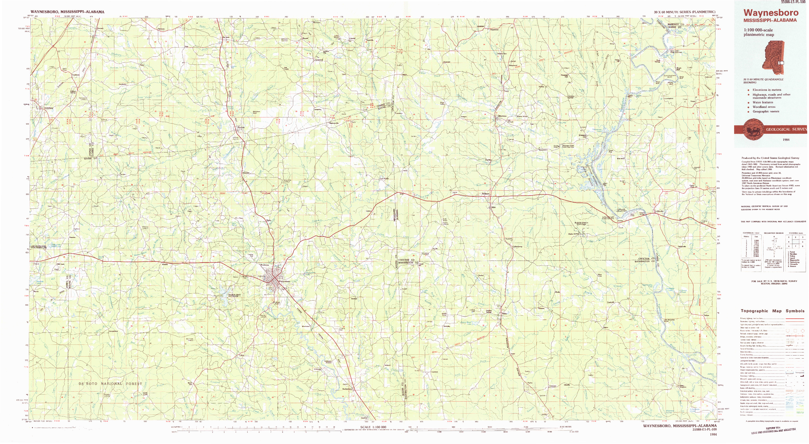 USGS 1:100000-SCALE QUADRANGLE FOR WAYNESBORO, MS 1984