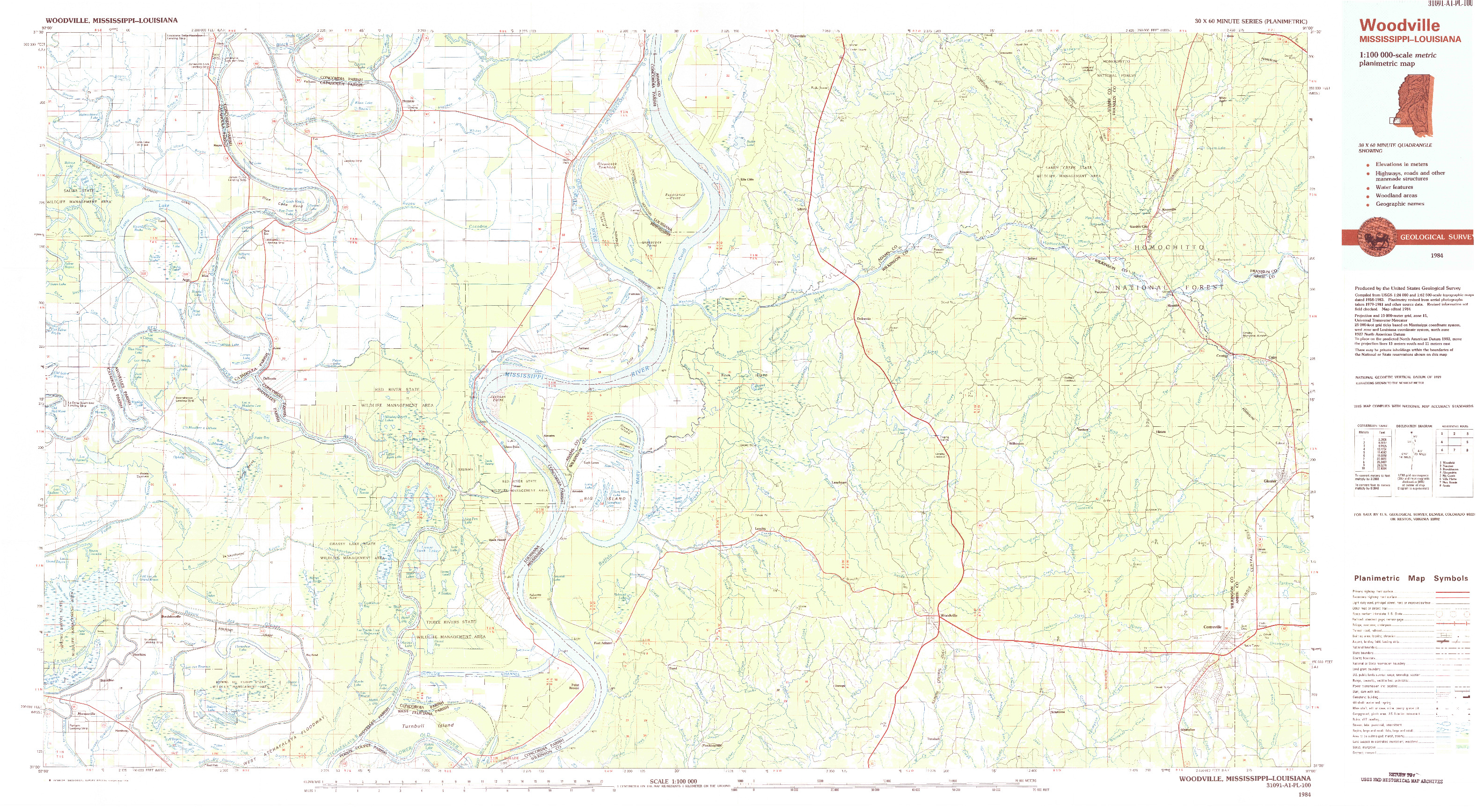 USGS 1:100000-SCALE QUADRANGLE FOR WOODVILLE, MS 1984