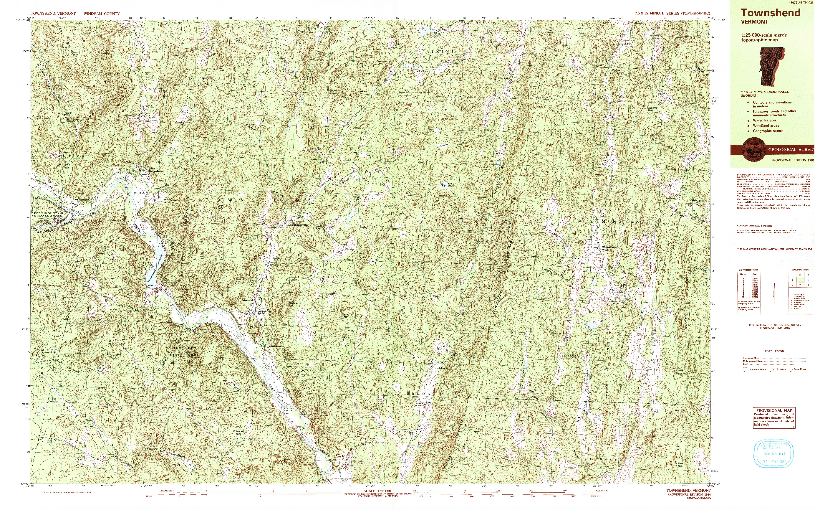 USGS 1:25000-SCALE QUADRANGLE FOR TOWNSHEND, VT 1984