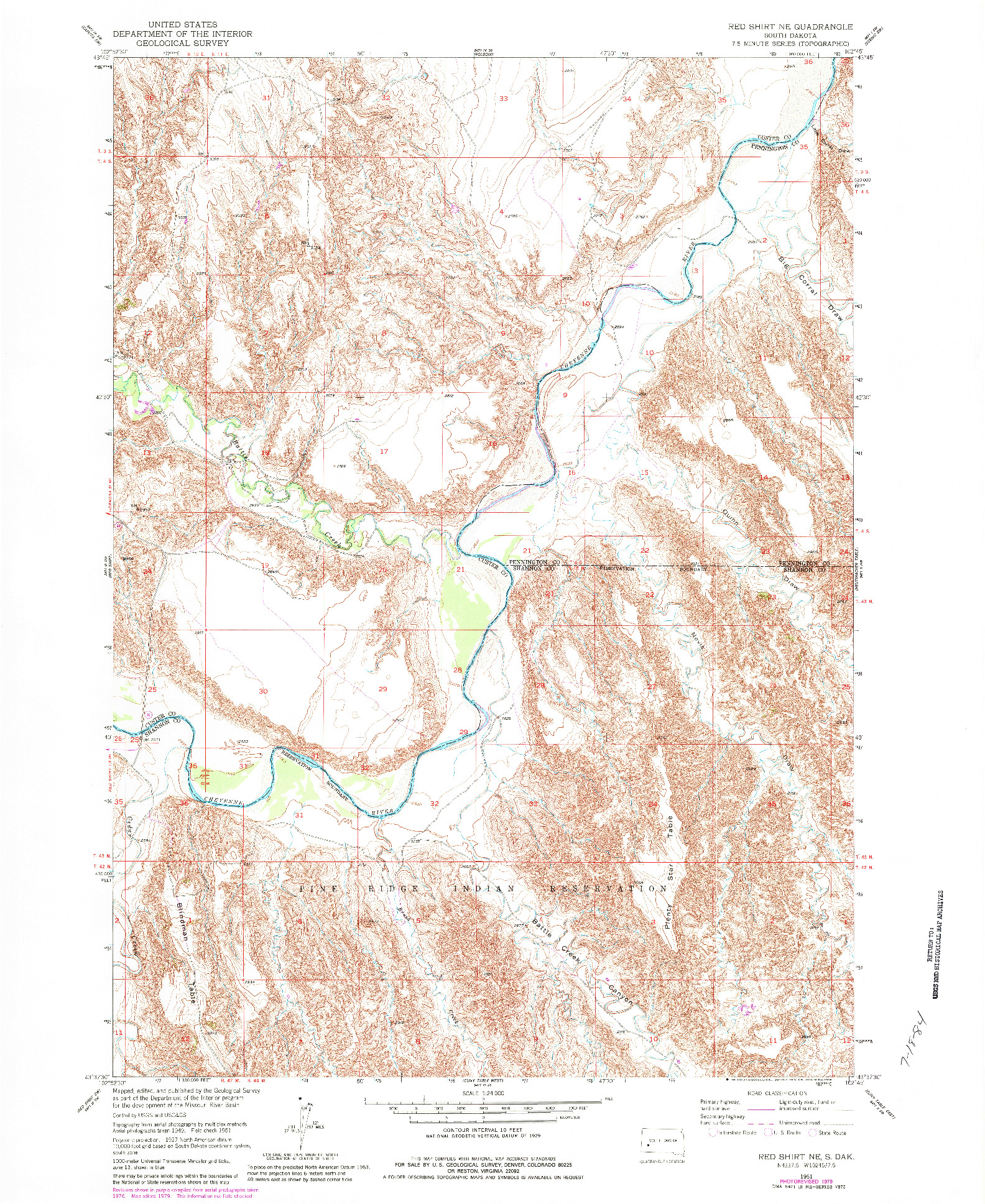 USGS 1:24000-SCALE QUADRANGLE FOR RED SHIRT NE, SD 1951
