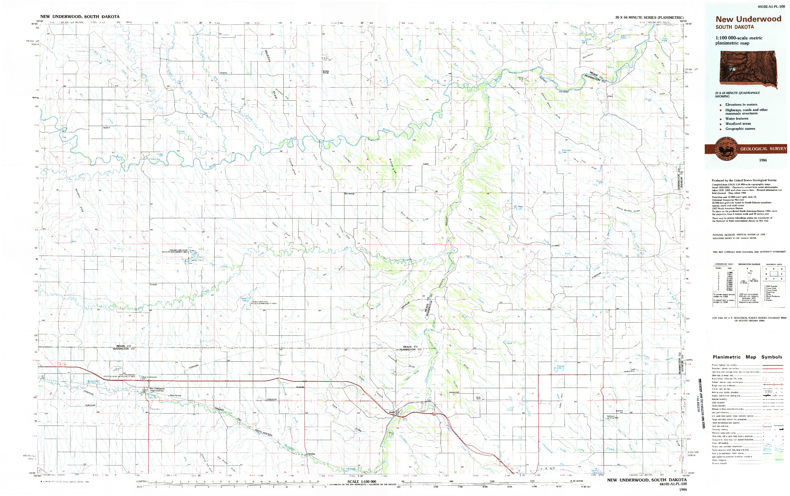 USGS 1:100000-SCALE QUADRANGLE FOR NEW UNDERWOOD, SD 1984