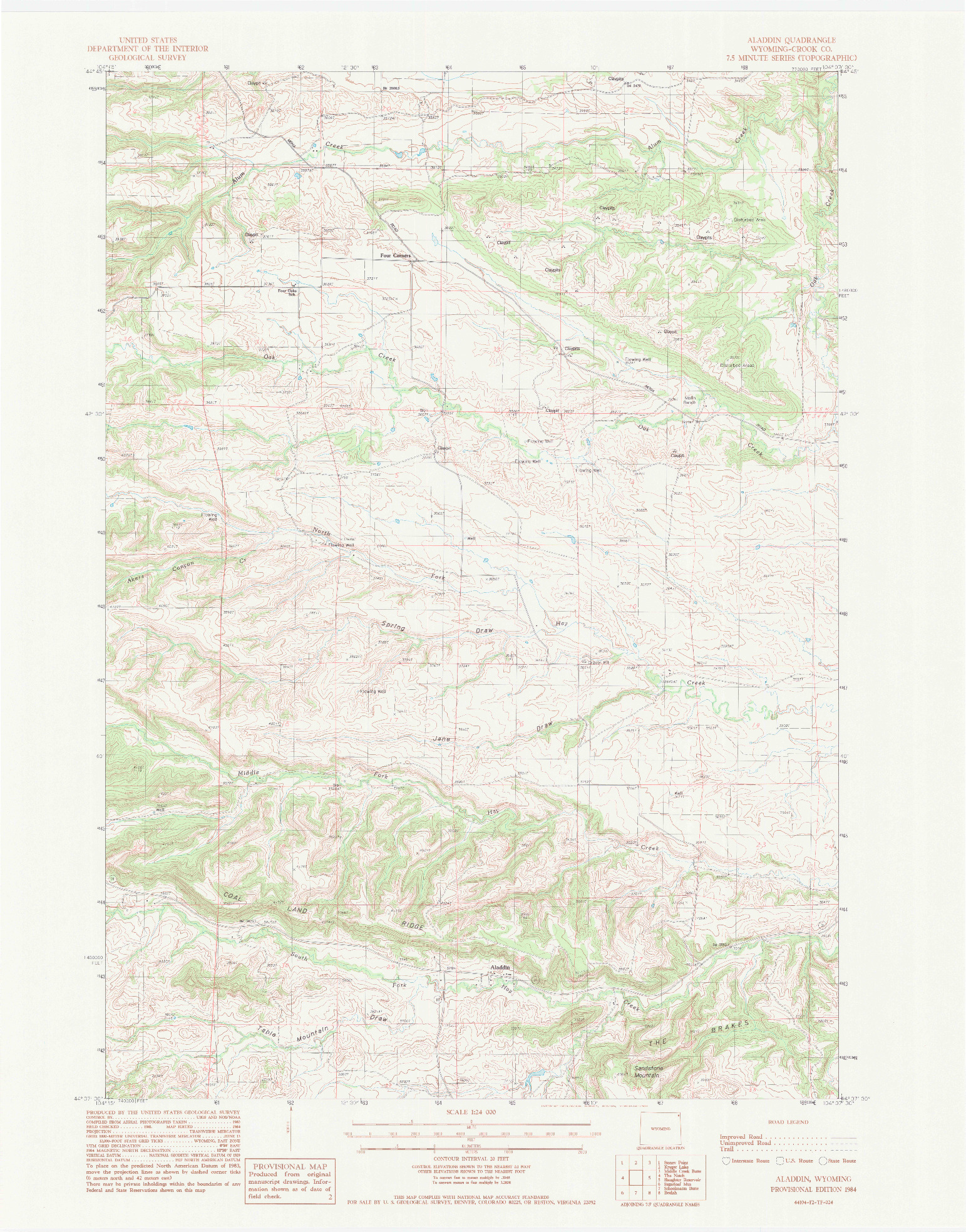 USGS 1:24000-SCALE QUADRANGLE FOR ALADDIN, WY 1984