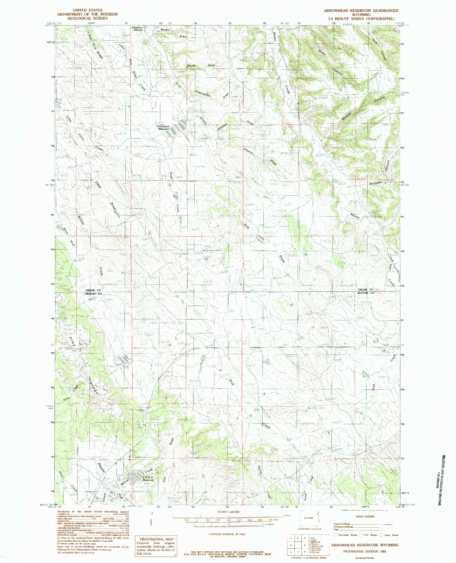 USGS 1:24000-SCALE QUADRANGLE FOR ARROWHEAD RESERVOIR, WY 1984