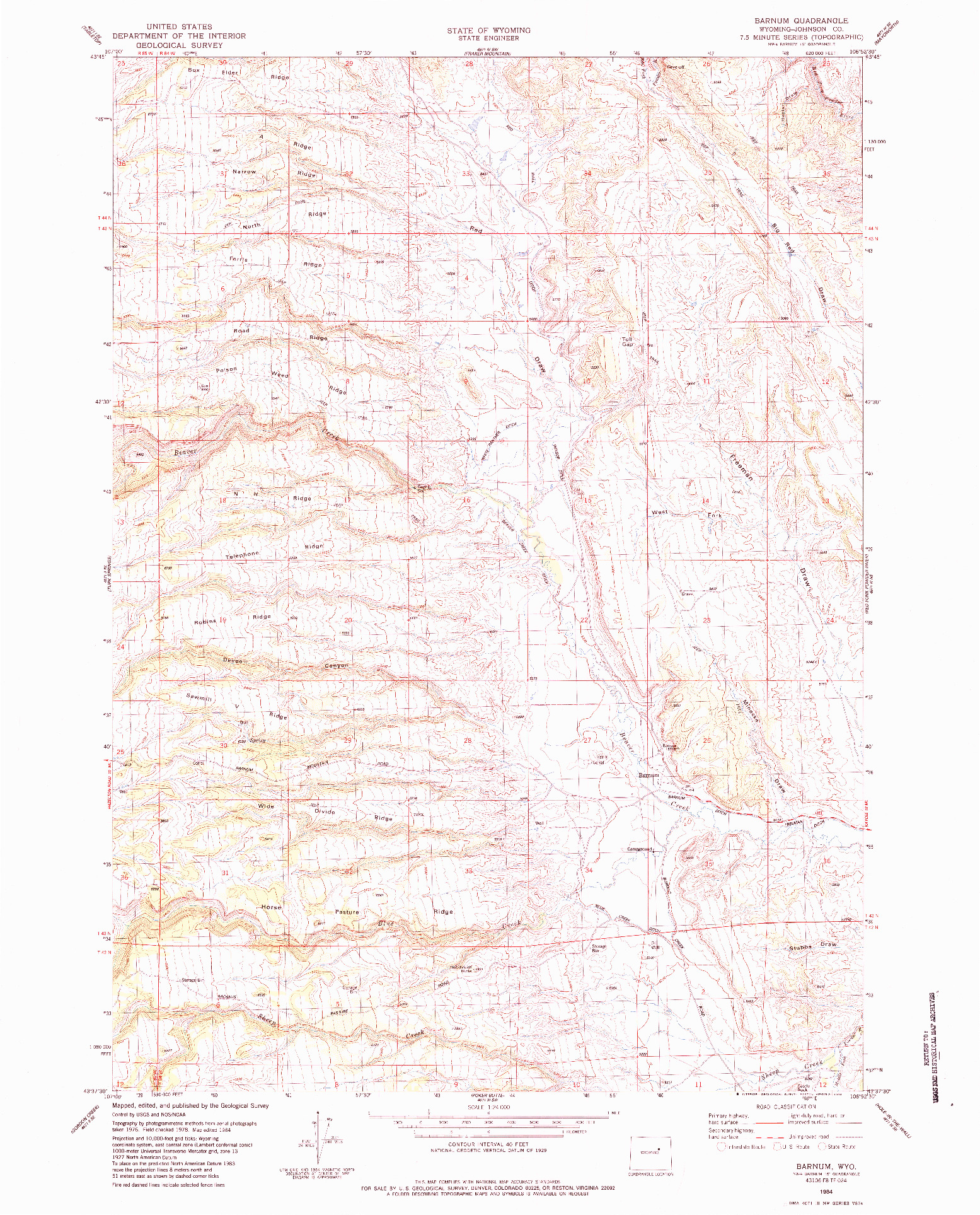 USGS 1:24000-SCALE QUADRANGLE FOR BARNUM, WY 1984