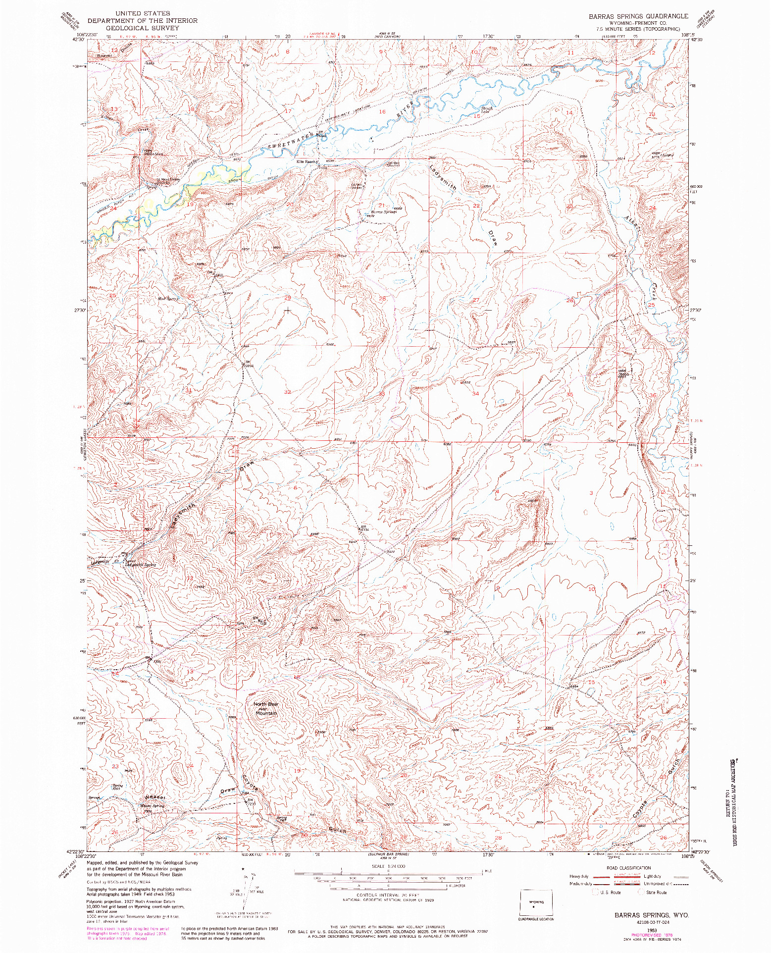 USGS 1:24000-SCALE QUADRANGLE FOR BARRAS SPRINGS, WY 1953