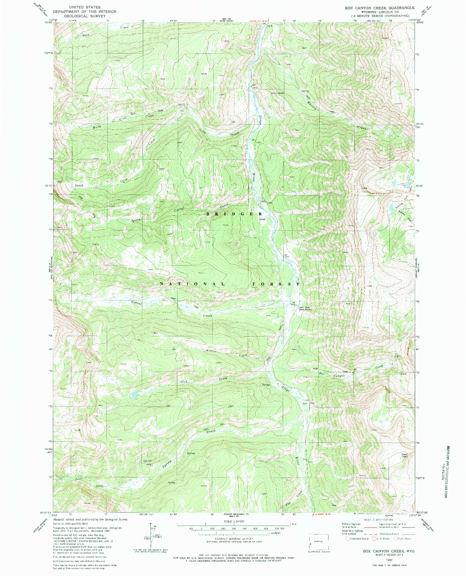 USGS 1:24000-SCALE QUADRANGLE FOR BOX CANYON CREEK, WY 1980