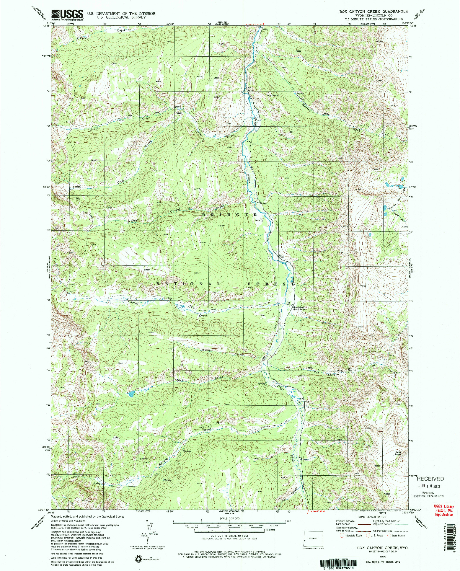 USGS 1:24000-SCALE QUADRANGLE FOR BOX CANYON CREEK, WY 1980