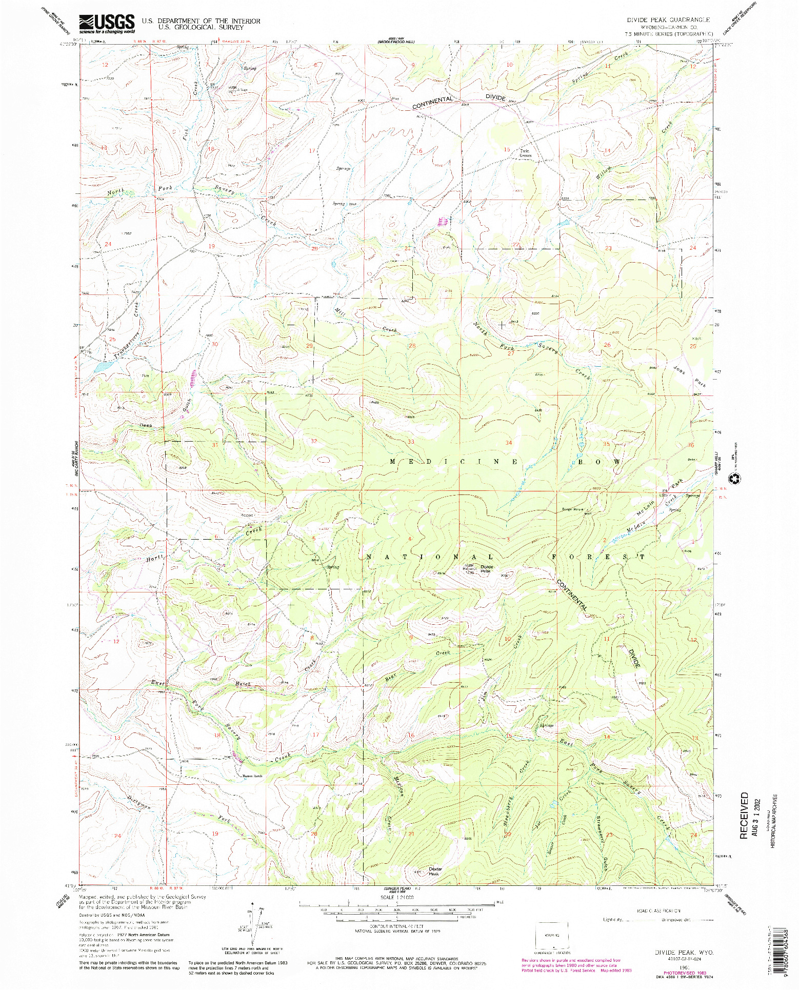 USGS 1:24000-SCALE QUADRANGLE FOR DIVIDE PEAK, WY 1961