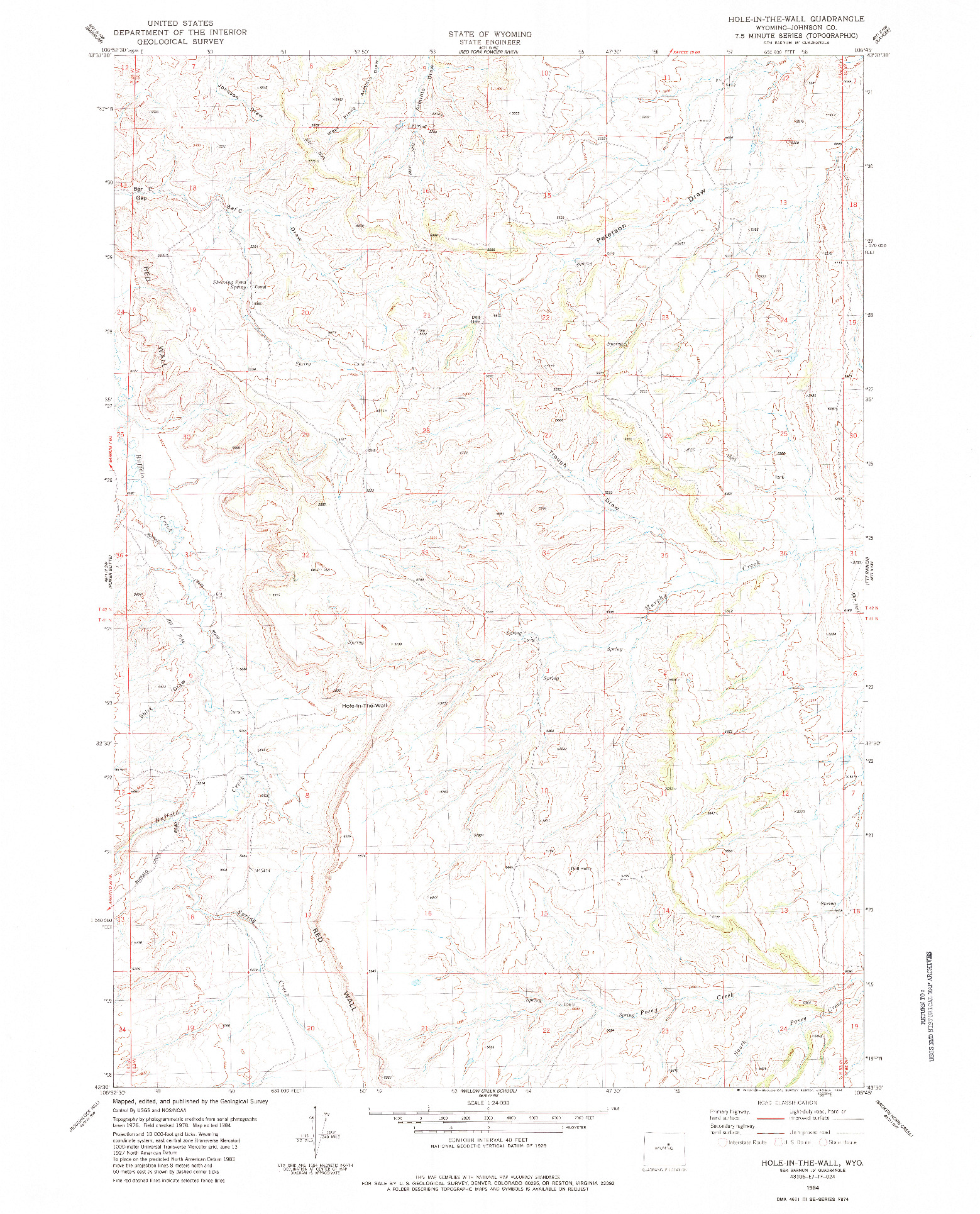 USGS 1:24000-SCALE QUADRANGLE FOR HOLE-IN-THE-WALL, WY 1984