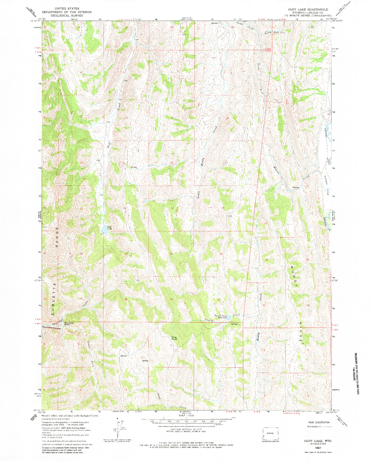 USGS 1:24000-SCALE QUADRANGLE FOR HUFF LAKE, WY 1967