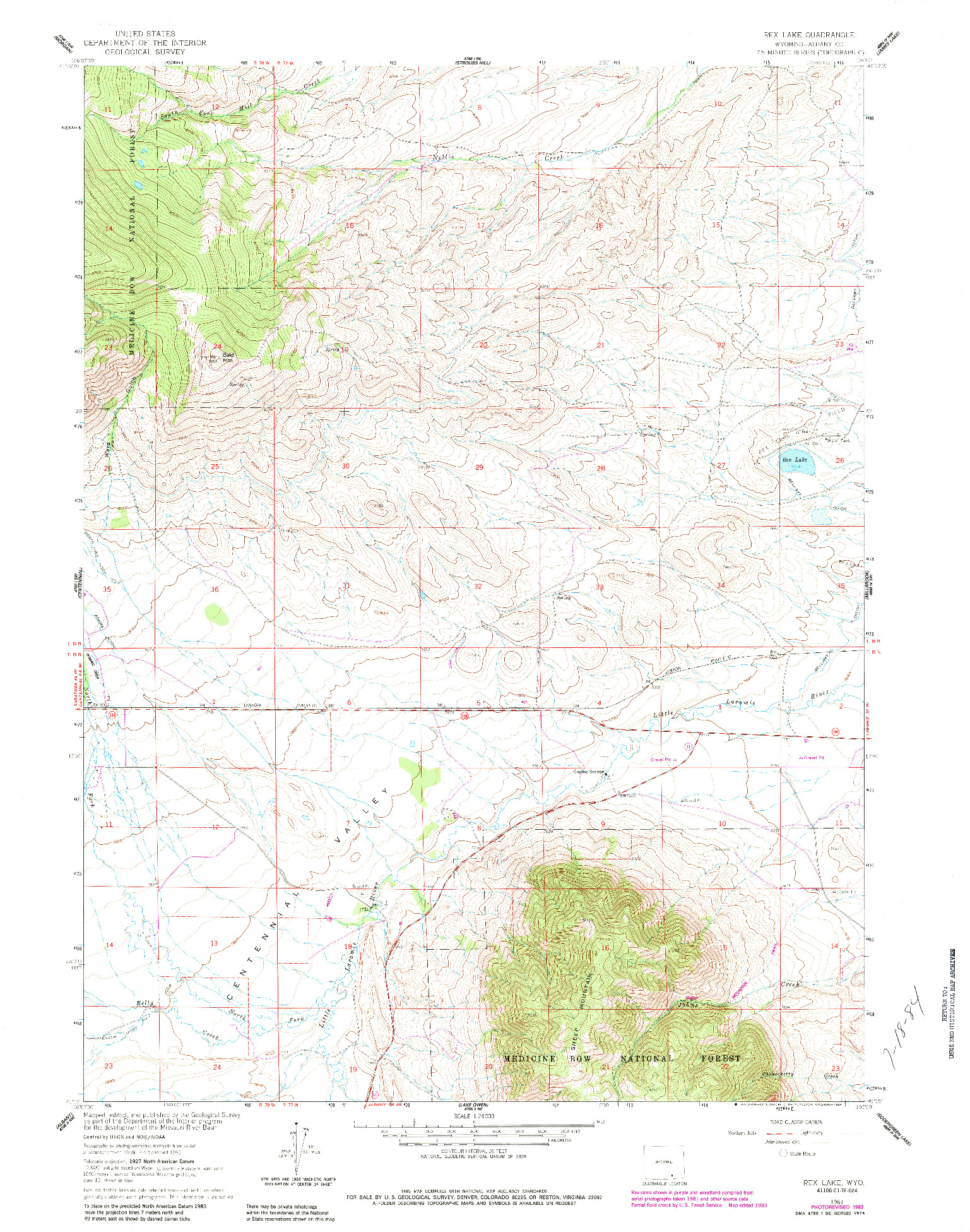 USGS 1:24000-SCALE QUADRANGLE FOR REX LAKE, WY 1961