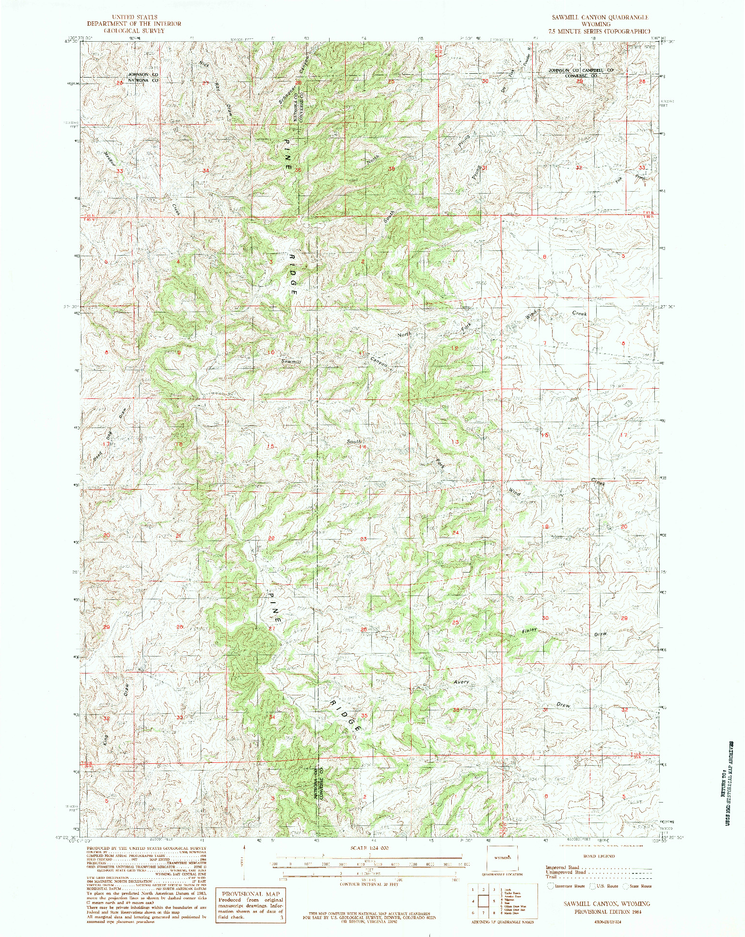 USGS 1:24000-SCALE QUADRANGLE FOR SAWMILL CANYON, WY 1984