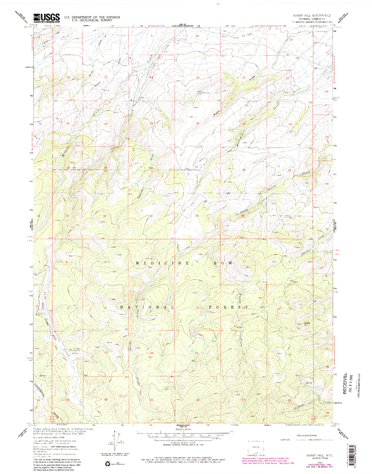 USGS 1:24000-SCALE QUADRANGLE FOR SHARP HILL, WY 1961