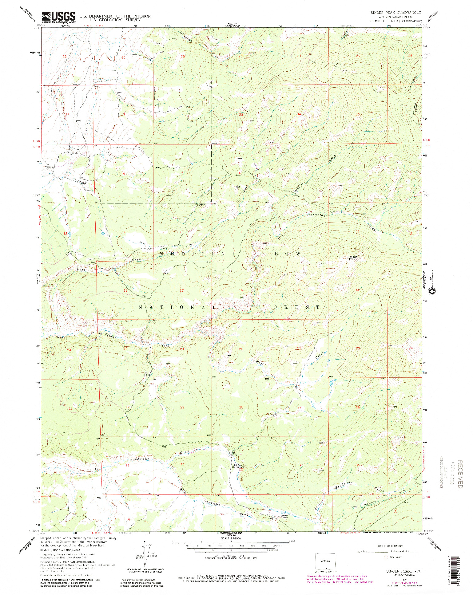 USGS 1:24000-SCALE QUADRANGLE FOR SINGER PEAK, WY 1961