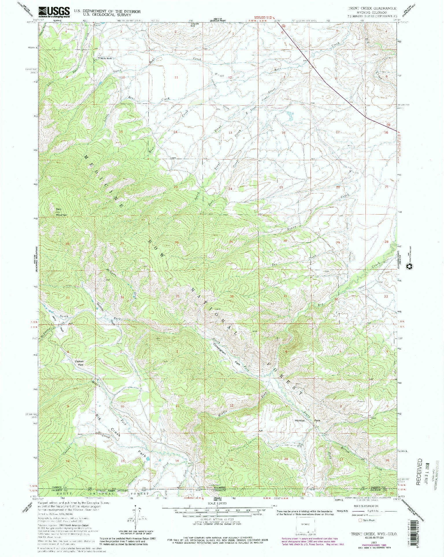 USGS 1:24000-SCALE QUADRANGLE FOR TRENT CREEK, WY 1961