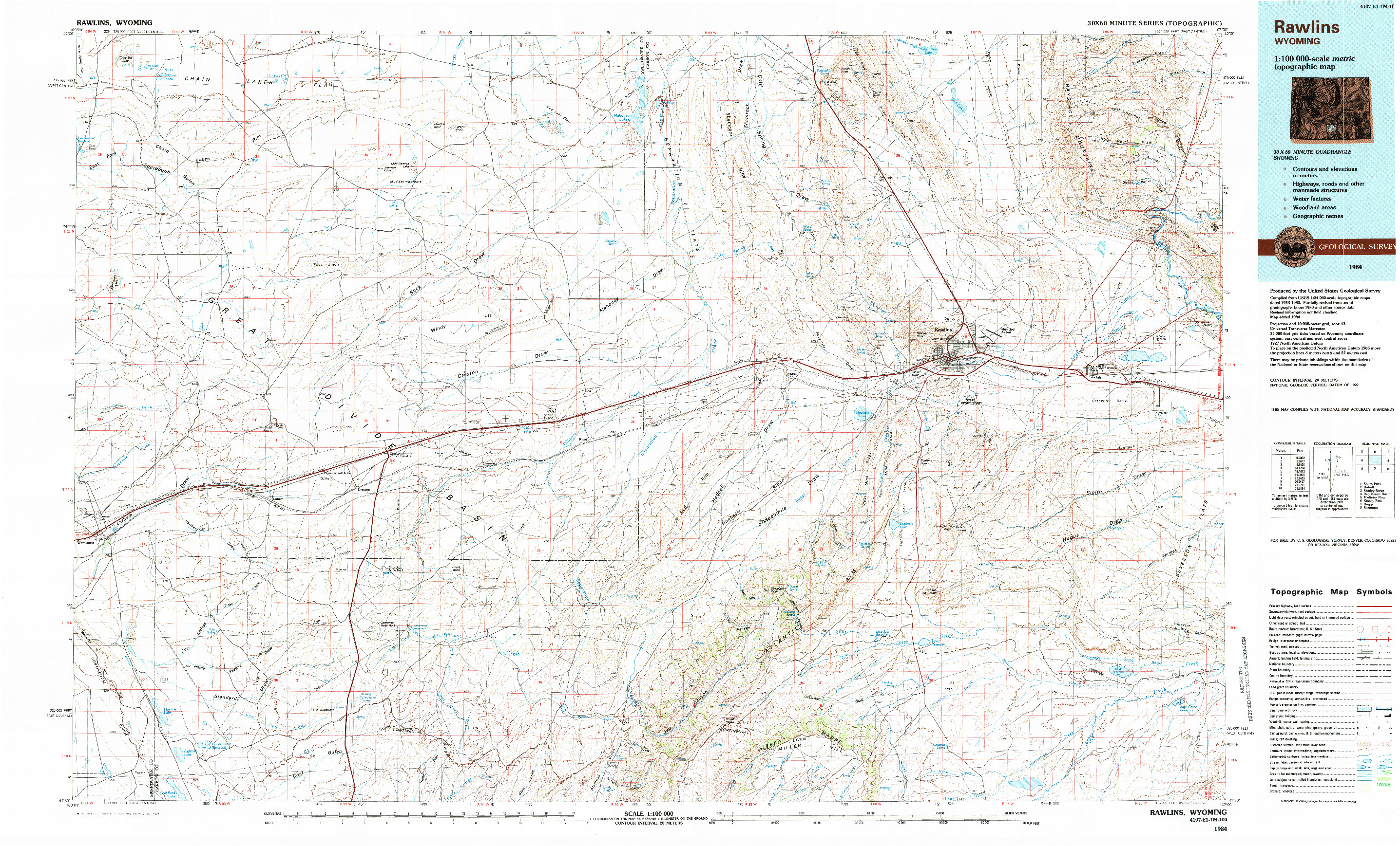 USGS 1:100000-SCALE QUADRANGLE FOR RAWLINS, WY 1984